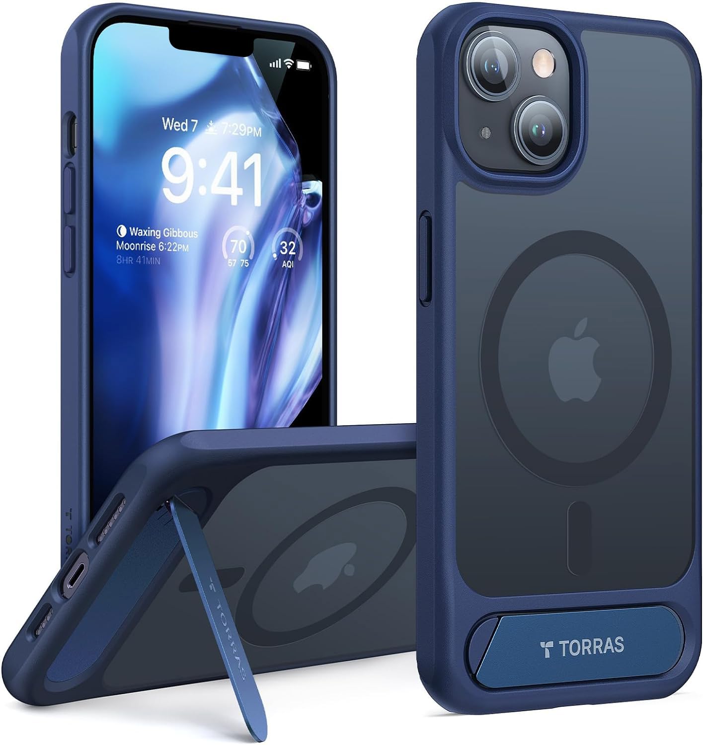 TORRAS Magnetic Designed for iPhone 13/14 Case with Stand, Compatible with MagSafe, Sturdy Built in Kickstand, Military Grade Drop Protection for iPhone 13/14 Phone Case, Translucent Matte Blue