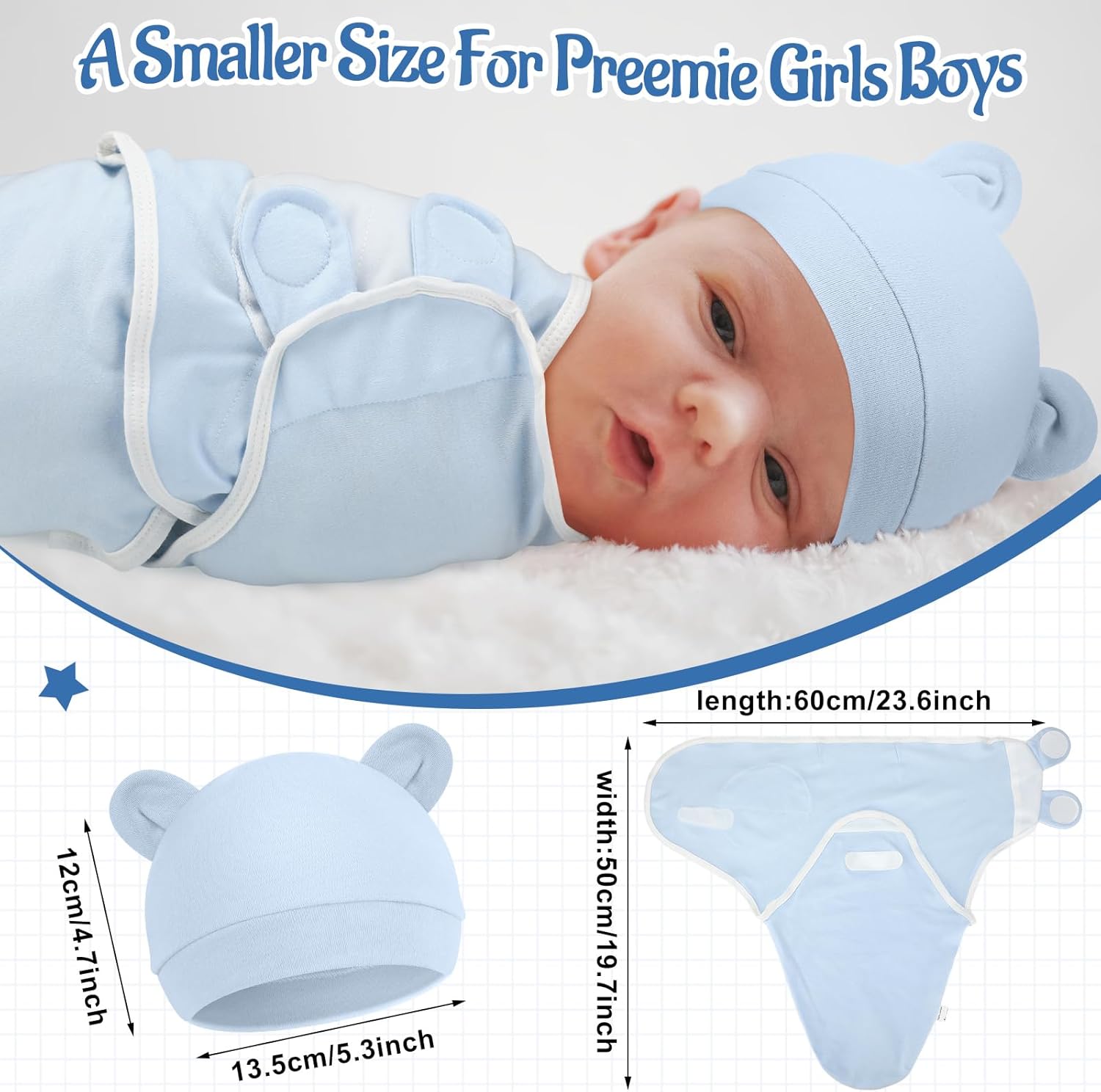 Buryeah 4 Pack Preemie Swaddle Blanket Wrap Set with Hat for Baby Boys Girls 3-7 Lbs Preemie Newborn Clothes Sleepers Cap