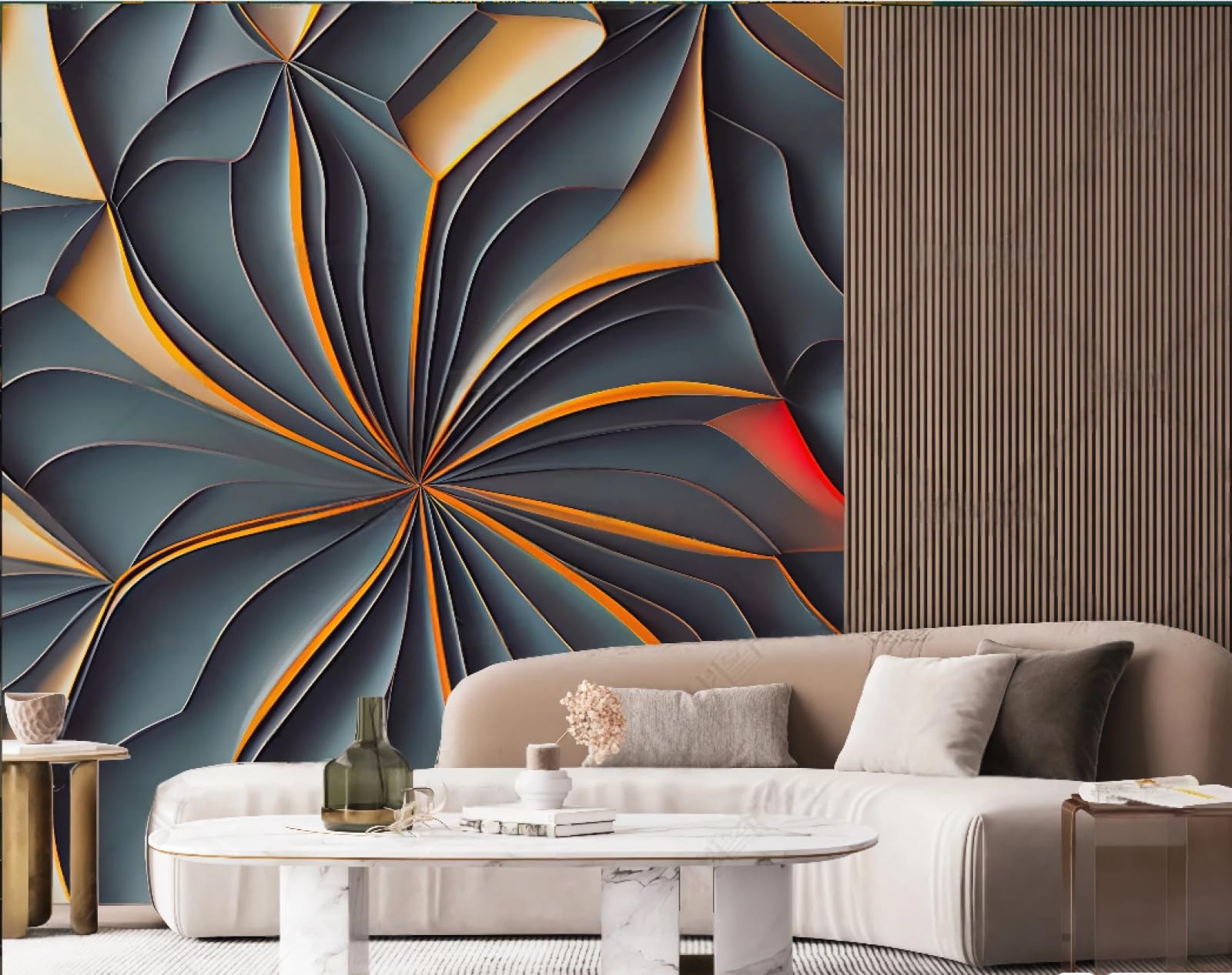 Tapeta sztuka nowoczesna linia pomarańczowy tłoczony kwiatowy ciemnozielony obraz marmurowy telewizor sofa tło tapeta ścienna salon restauracja kawiarnia, 3D, 250 x 175 cm