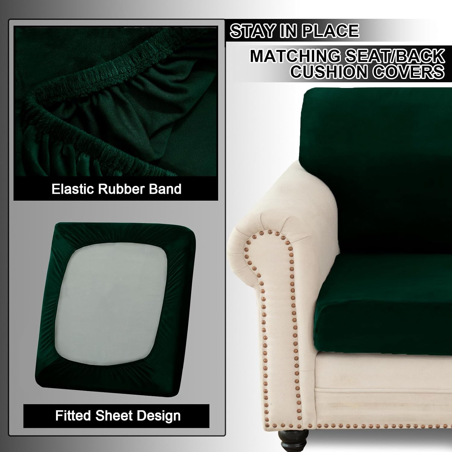 UNBBRRL 7 Pieces Couch Covers for Sofa, Replacement Ektorp Sofa Cover 3 Seat with 1 Main Cover/3 Seat Cushion Covers/3 Backrest Covers, Stretch Velvet Settee Cover 3 Seater (Dark Green,3 Seater)