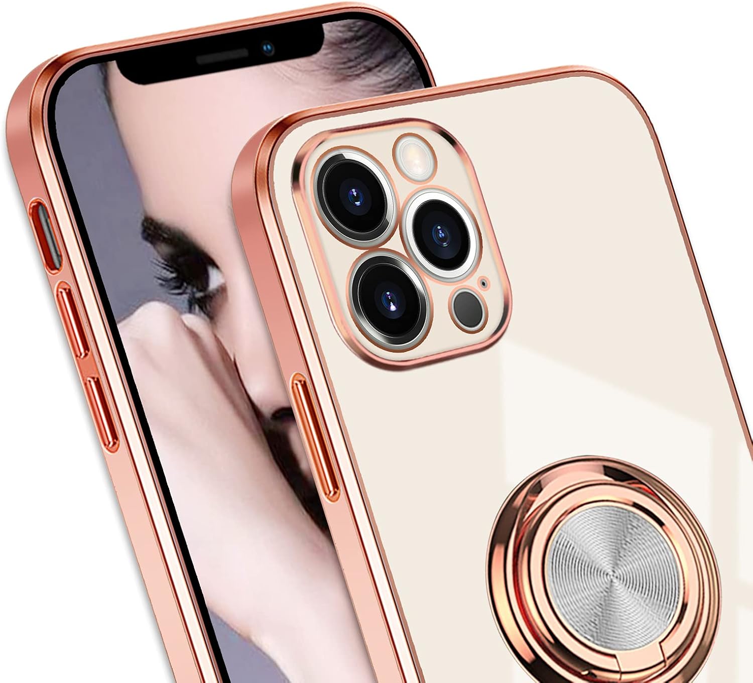 Omorro Compatible with Rose Gold iPhone 13 Pro Case for Women Girls Kickstand Ring Holder 360 TPU Rotation Ring Case with Stand Plating Edge Work with Magnetic Mount Slim Luxury Case Girly Cover White - Image 8
