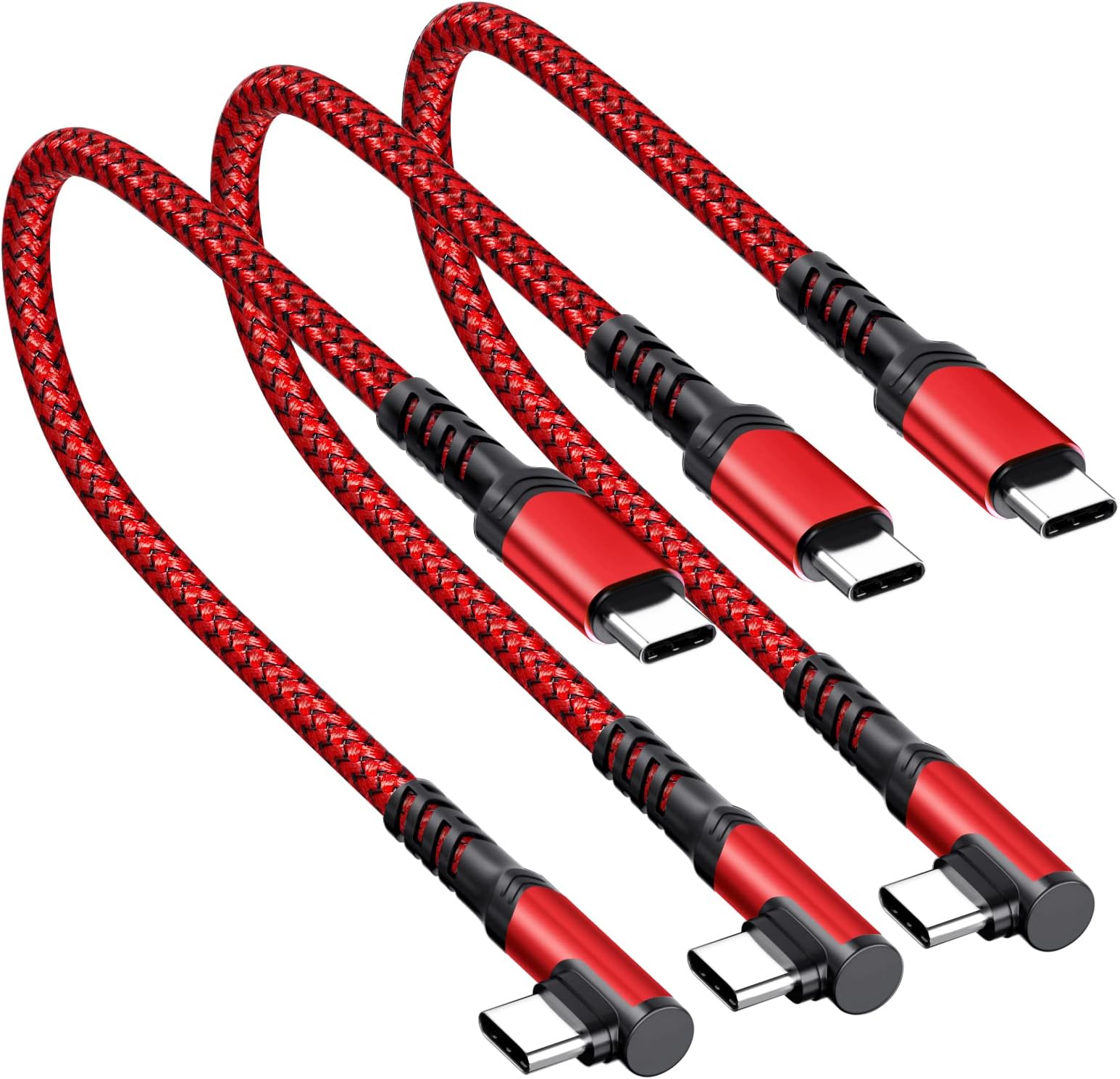 3 Packs Short USB C to USB C Cable 1ft, 60W Type C Fast Charging Right Angle Cord Charger for iPhone 15/15 Pro/15 Plus/15 Pro Max/Samsung S23/S23+/S23 Ultra/S22/S21/MacBook Pro/iPad Pro/Tablet (Red)