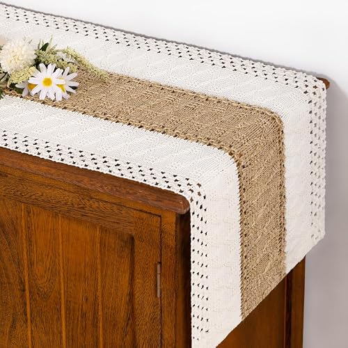 Boho Table Runner Fall Farmhouse Rustic Dining Dresser Scarf Home Decor | Kitchen Centerpiece Small Macrame Woven Cotton Linen Coffee Table Runner Birthday Party Decorations 36in Ivory Burlap