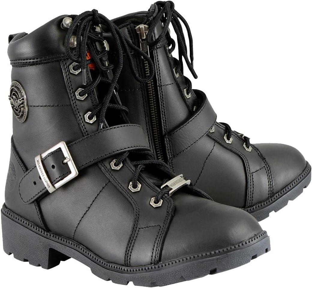 Milwaukee Leather MBL9325 Women’s Premium Black Lace-Up Classic Leather Motorcycle Biker Boots w/Side Zipper