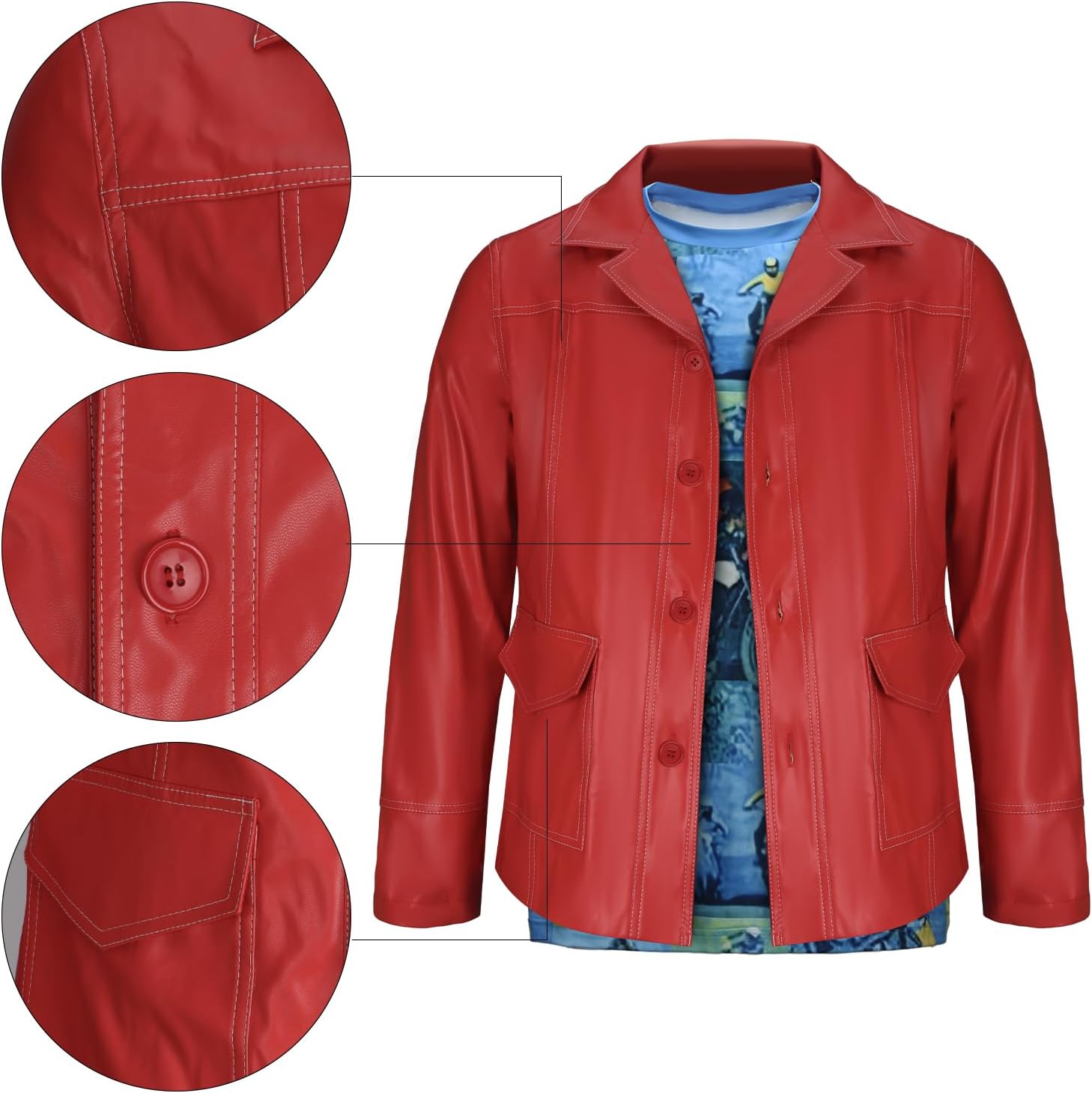 Tyler Durden Red Leather Jacket Men Halloween Cosplay Costume Outfit Motorcycle Racer Jacket with Shirt Sunglasses