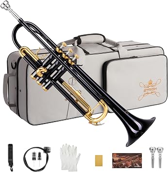 STRICH Bb Standard Trumpet Set for Beginners, Brass Student Trumpet Instrument with Hard Case, Cleaning Kit, 7C & 3C Mouthpieces, Gloves, STR-1B, Black