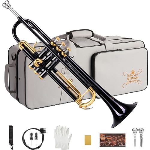 STRICH Bb Standard Trumpet Set for Beginners, Brass Student Trumpet Instrument with Hard Case, Cleaning Kit, 7C & 3C Mouthpieces, Gloves, STR-1B, Black