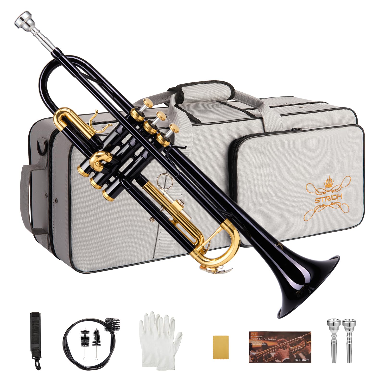 STRICH Set di tromba standard in Sib per principianti, tromba per studenti in ottone con custodia rigida, kit di pulizia, bocchini 7C e 3C, guanti, STR-130B Nero e dorato