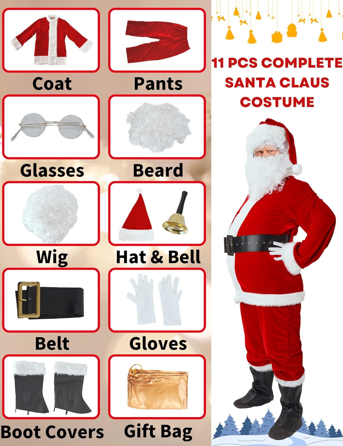 Wabolay Santa Claus Costume for Men Santa Suit Adults 11PCS Professional Deluxe Red Velvet Christmas Clause Outfit Cosplay : Clothing, Shoes & Jewelry