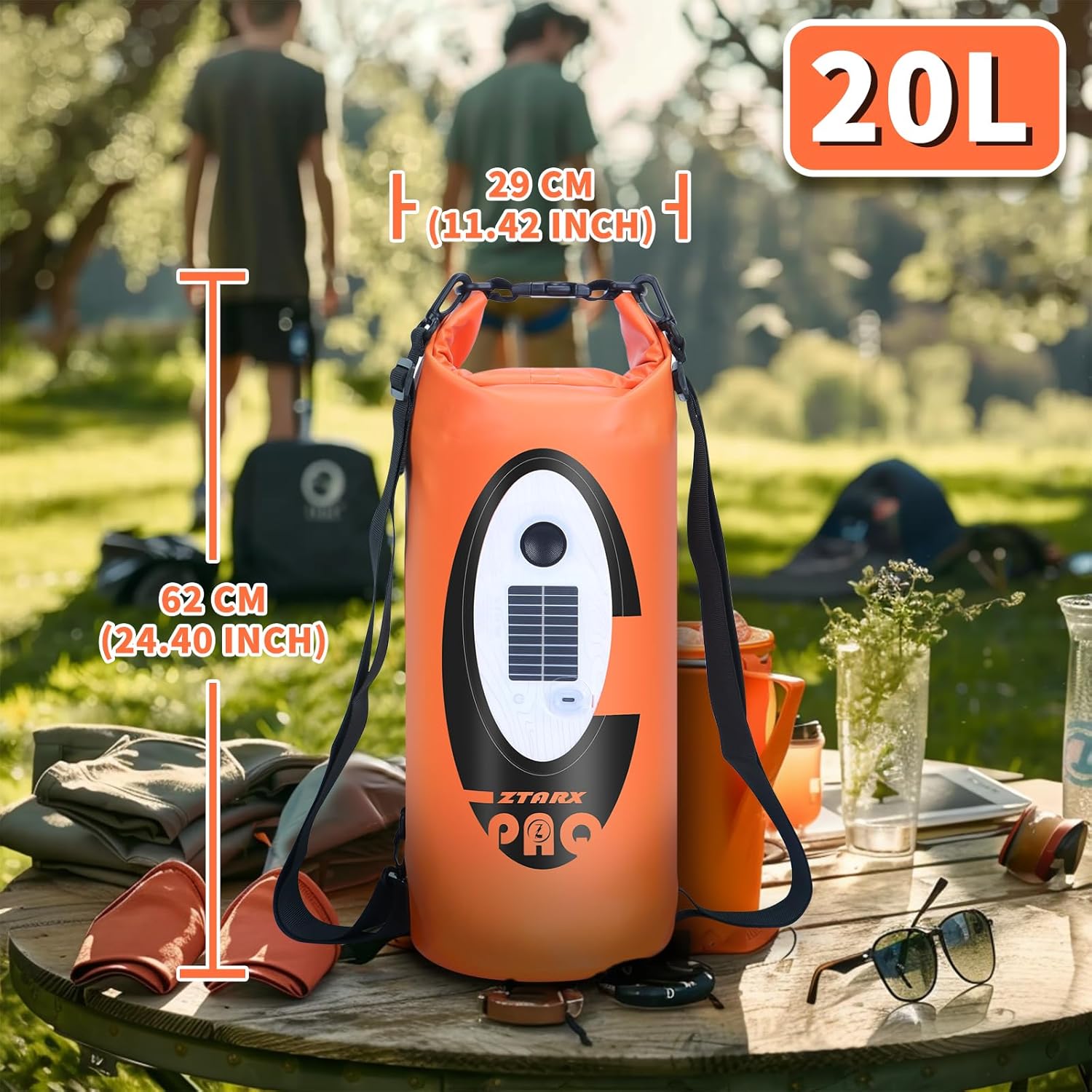 FELICON Solar/Battery Powered Multi-Functional Backpack with Bluetooth Speaker,IP66 Waterproof Dry Bag,Heavy Duty Roll Top Closure,Large Capacity Bag for Camping,Hiking,Traveling (Orange 20L)