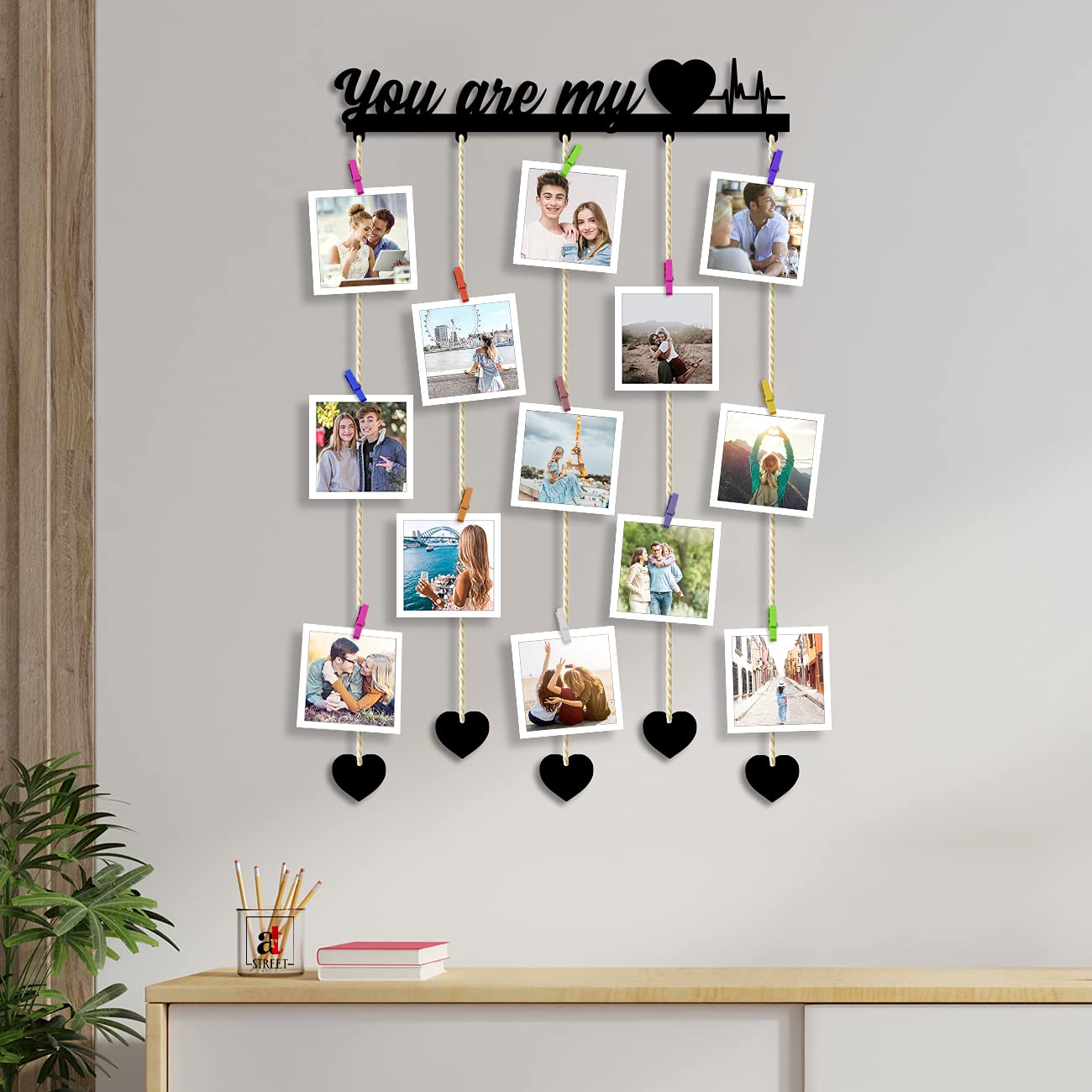 Art Street You Are My Heart Beat MDF Plaque Clip Photo Frame Collage Hanging Frame with Wooden Clips - Black - Size - 18.5 x 32 Inchs
