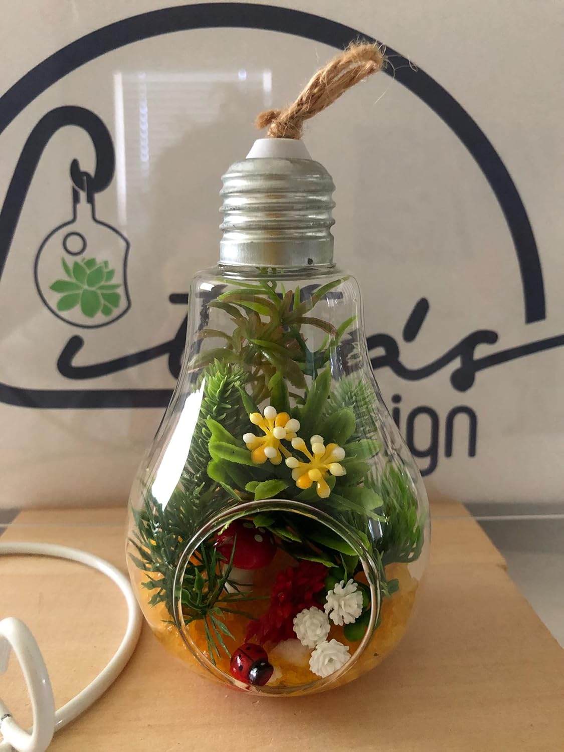 Litta's Design Hanging Glass Terrarium lightbuld 5' Artificial Plants w/White Stand