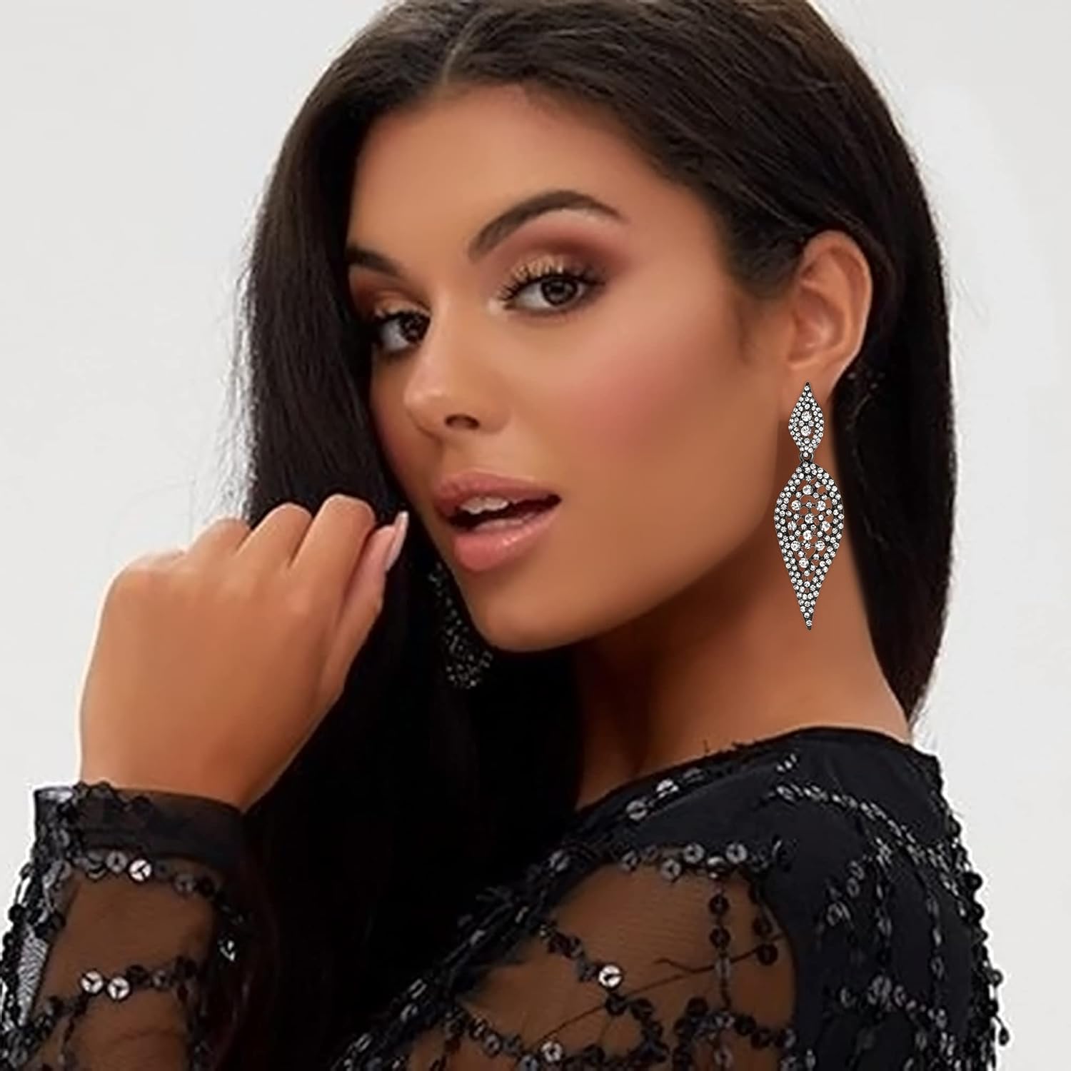 EVER FAITH Costume Party Jewelry 2 Leaf Round Crystal Hollow-out Pierced Chandelier Dangle Earrings for Women - Image 3