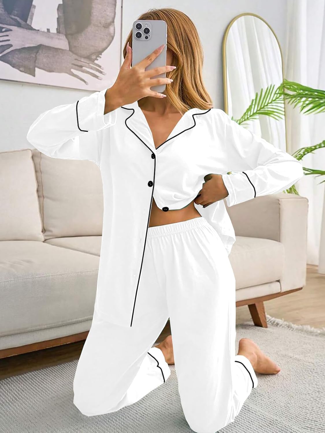 Womens Modal Button Up Pajamas 2 Piece Long Sleeve Comfy Pjs Sleepwear Soft Pajama Lounge Set Loungewear S-3XL - Image 6