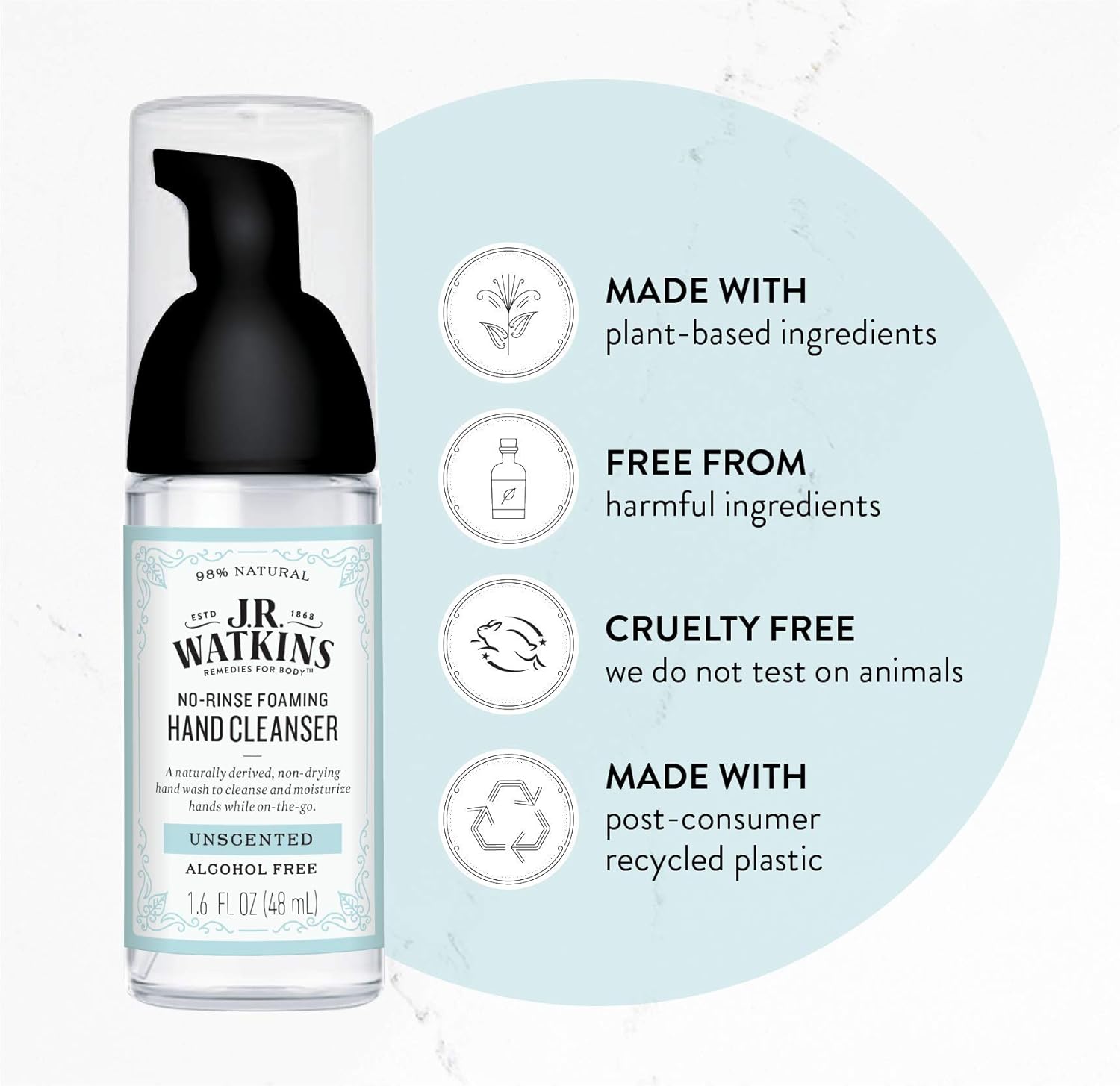 J.R. Watkins No-Rinse Foaming Hand Cleanser – Hand Soap in Pump Dispenser – Bathroom & Kitchen Foam Cleaner – All Natural, Alcohol Free, Unscented, 1.6 fl. Oz., 6 Pack