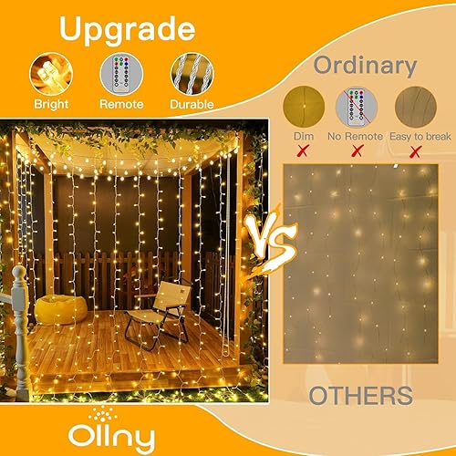 Miniatura 3 de Ollny Luces de cortina, 200 LED, 6.6 x 6.6 pies, para Navidad, rosas, USB, control remoto con 8 modos, atenuables, temporizador, impermeables, para