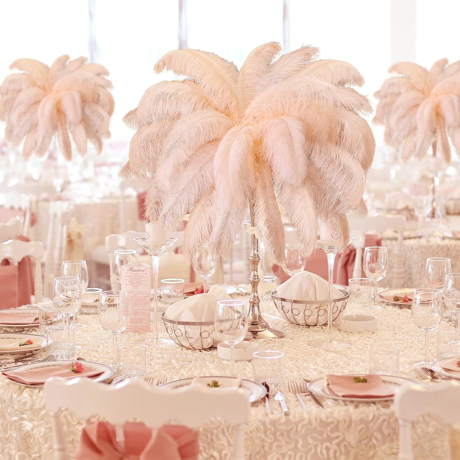 Retrowavy 50 Pcs 14-16 Inches Large Natural Ostrich Feathers Bulk for Centerpieces for Wedding Party Centerpieces Home Decoration Flower Arrangement(Champagne)