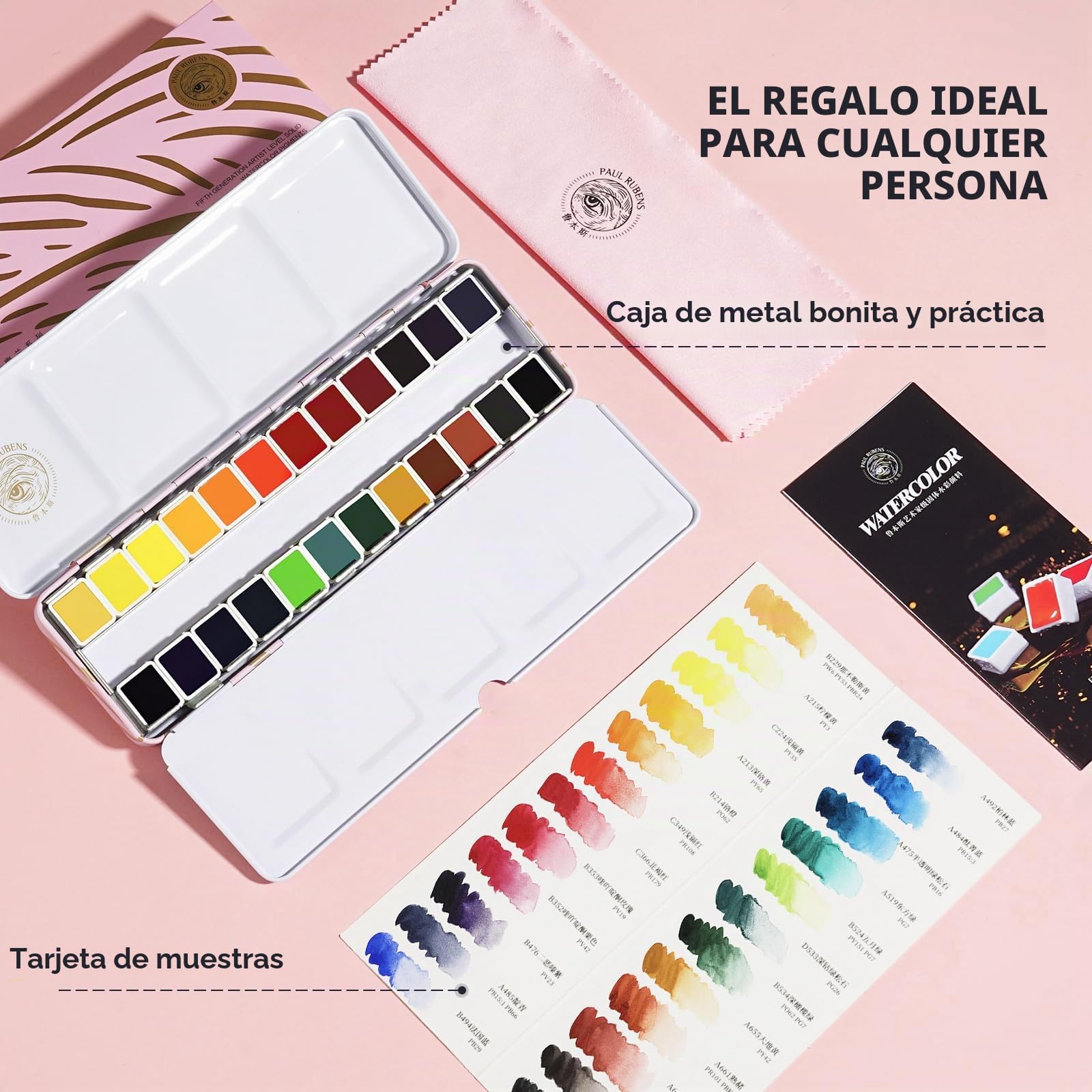 Paul Rubens Juego de pintura de acuarela para artista, 24 colores vibrantes en caja portátil, alta transparencia, gran resistencia a la luz, juego de acuarela profesional de viaje perfecto para artis