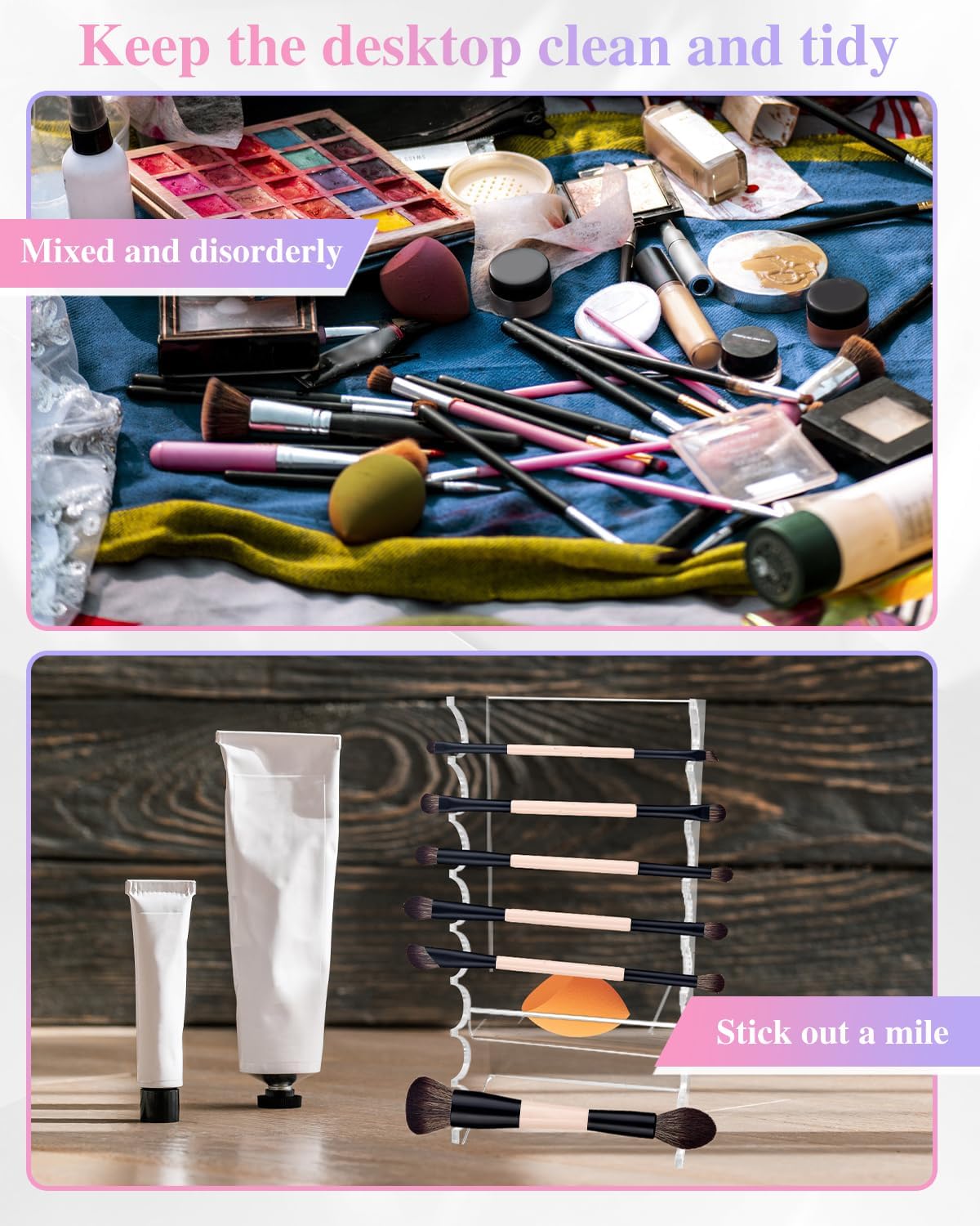 2 Pcs Acrylic Makeup Brush Holder, 16 Tier Unique Clear Paint Brush Drying Rack Hair Brush Holder for Women, Acrylic Pen Holder Display Stand for Home School Office or Store Use