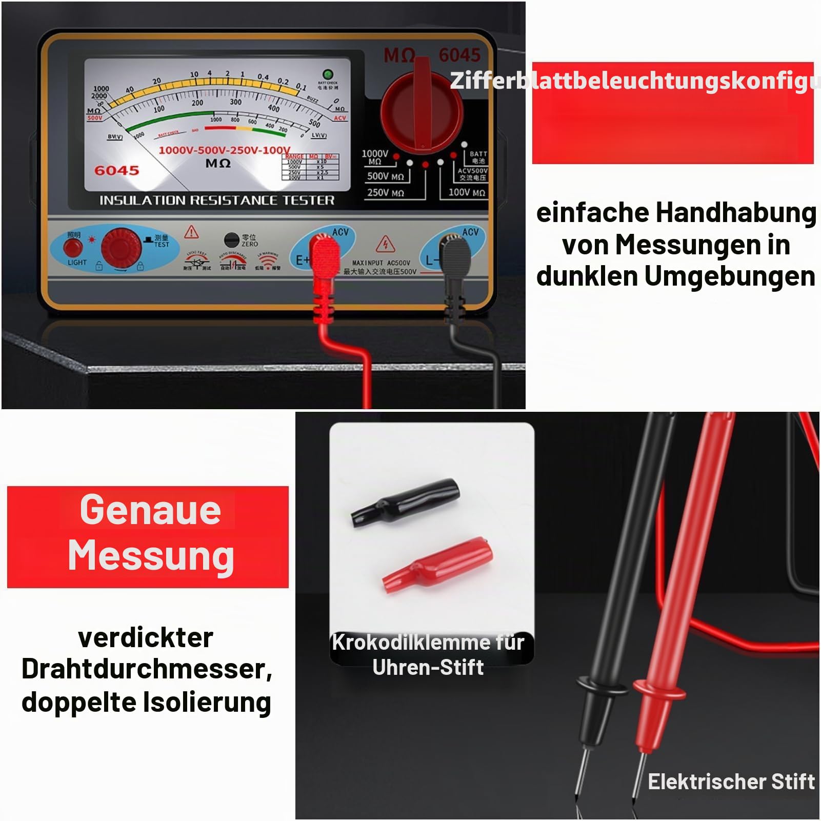 TY6045 Isolationswiderstandstester Megohmmeter tragbar 1000 V 5 MΩ-2000 MΩ Widerstand Messung ohm Messgerät ABS Meter 10-2000 m ± 10% Bogenlänge