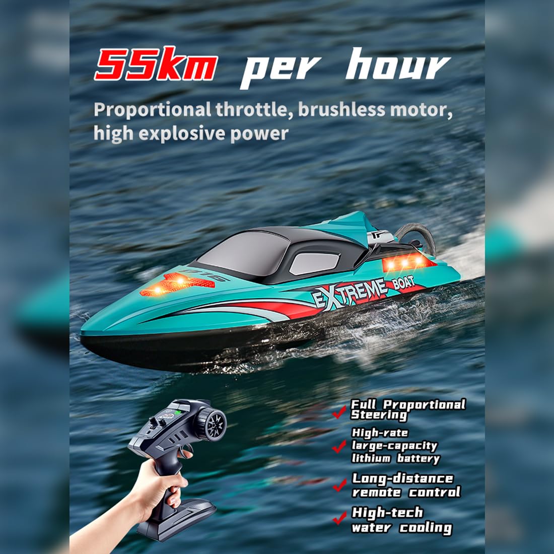 Ferngesteuertes Boot mit LED-Licht, 55KM/H Bürstenloser schneller RC Speedboot mit doppelt wasserdichtem Design, EIN-Tasten-Kenterungsrettung und Alarm bei niedrigem Batteriestand