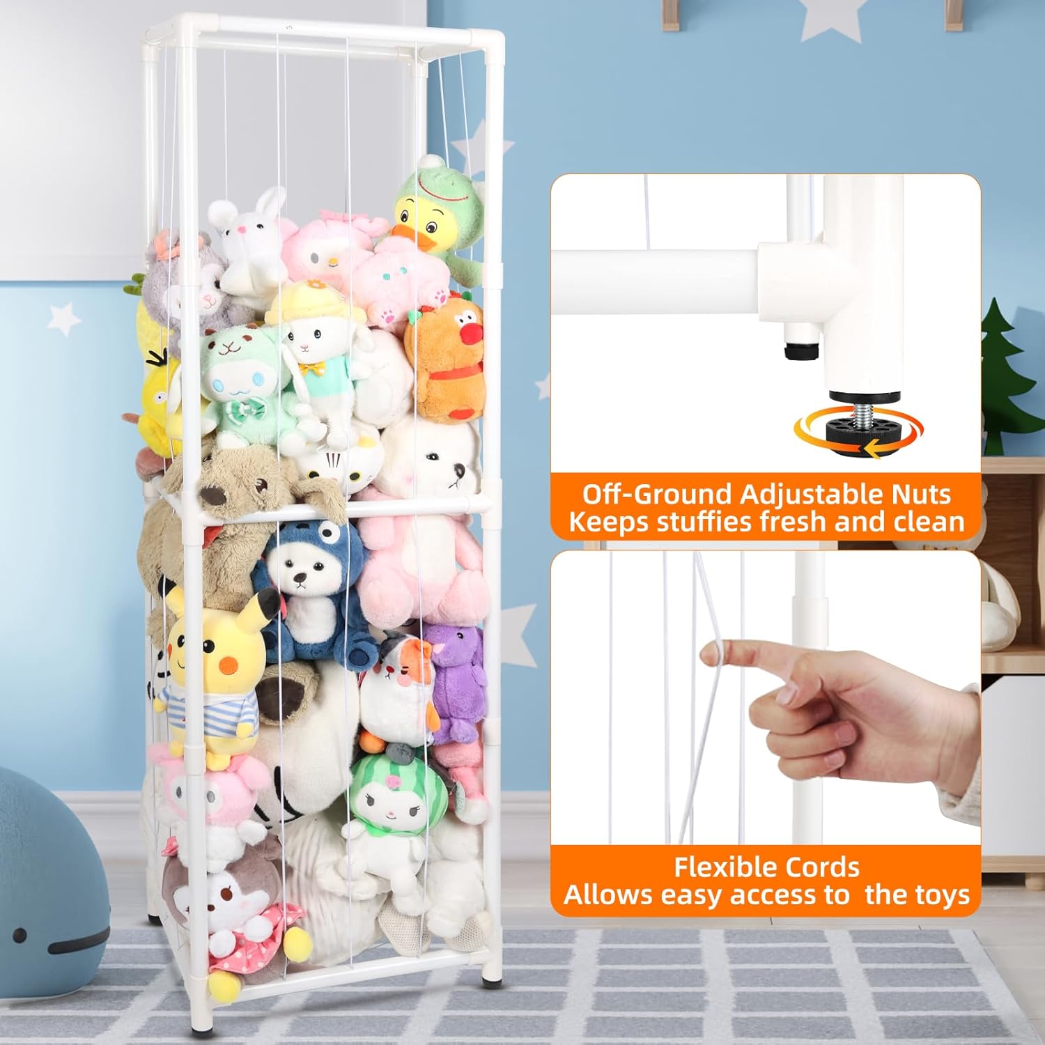 Stuffed Animal Storage Zoo Stuffed Animal Holder,Off-Ground and Space Save Vertical Stuffed Animals Organizer PVC with Elastic for Bedroom Playroom (White, Large)