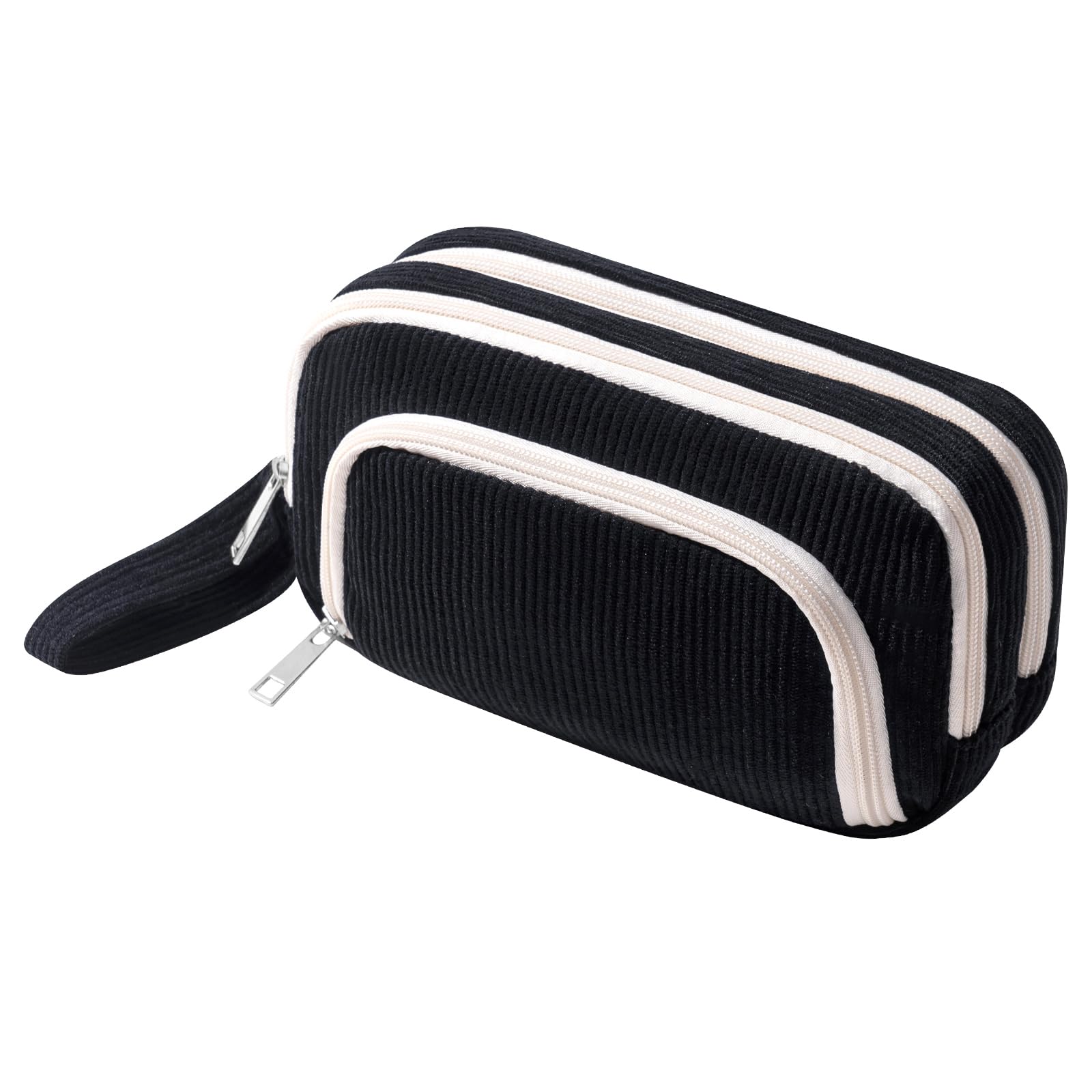 Large Black Pencil Case, with 3 Compartments for Boys Girls Adult, Corduroy