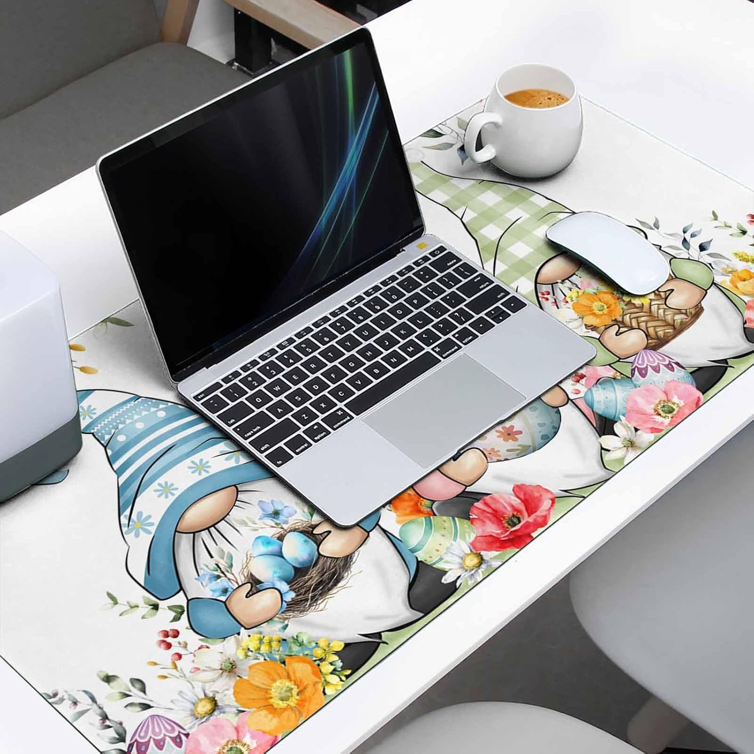 Oversized Gaming Mouse Pad, Easter Gnome Rabbit Spring Eggs Flower Leaves Desk Mat for Home Office Extended XXL Computer Mouse Pad with Non-Slip Backing for Laptop Desktop Keyboard,35x15 inch