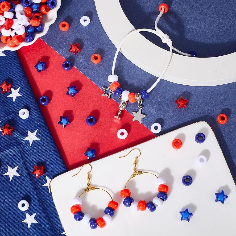 1 Box 900Pcs Independence Day Beads Red White and Blue Pony Beads Patriotic Beaded Ornament Plastic Stars Bead Bulk for 4th of July Decor DIY Crafts Bracelet Necklace Jewelry Making Supplies