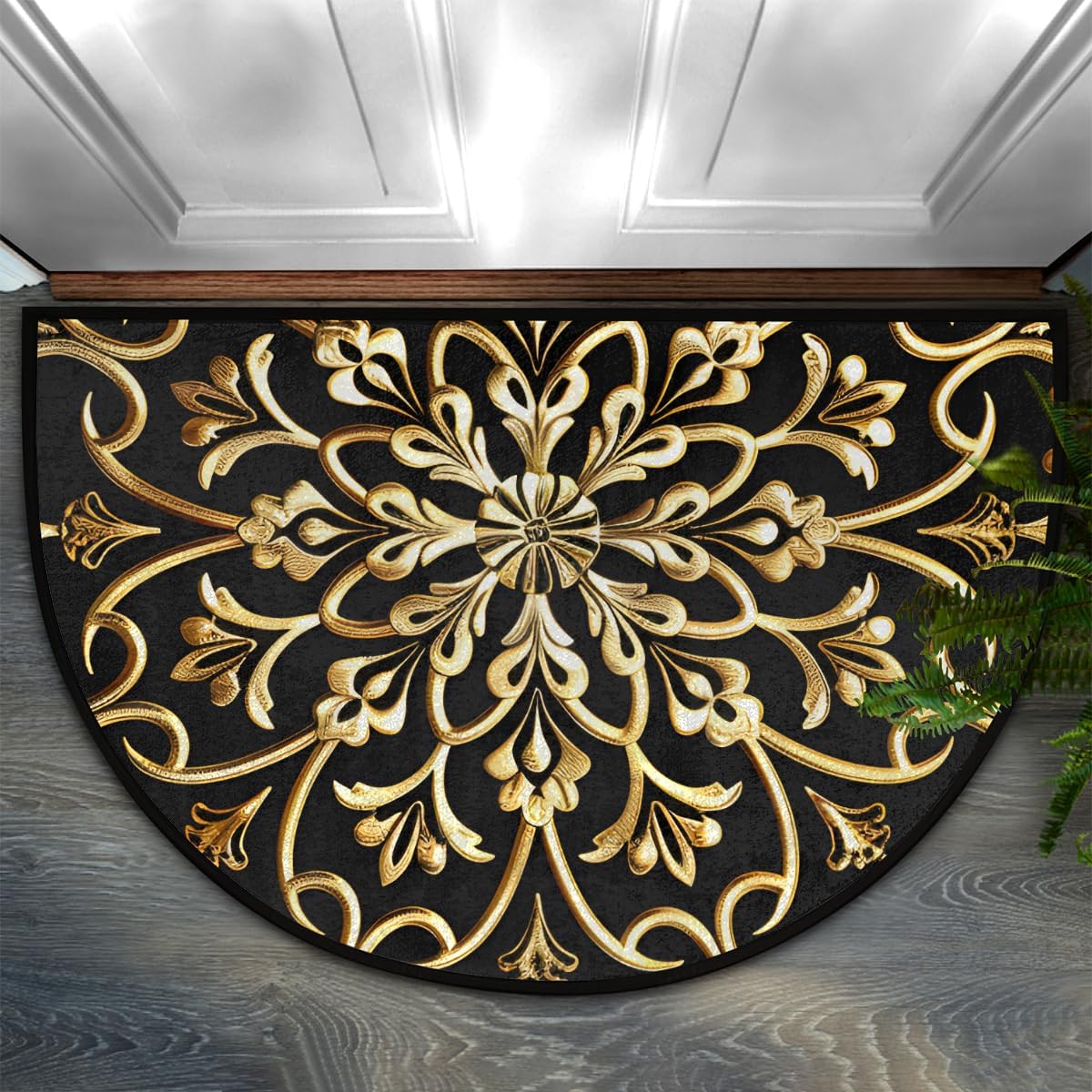Half Round Door Mat Golden Mandala Ethnic Non Slip Absorbent Semi Circle Area Rugs Washable Half Moon Floor Mats for Indoor Outdoor Patio Kitchen Bathroom Entryway Fireplace Home Carpet Decor