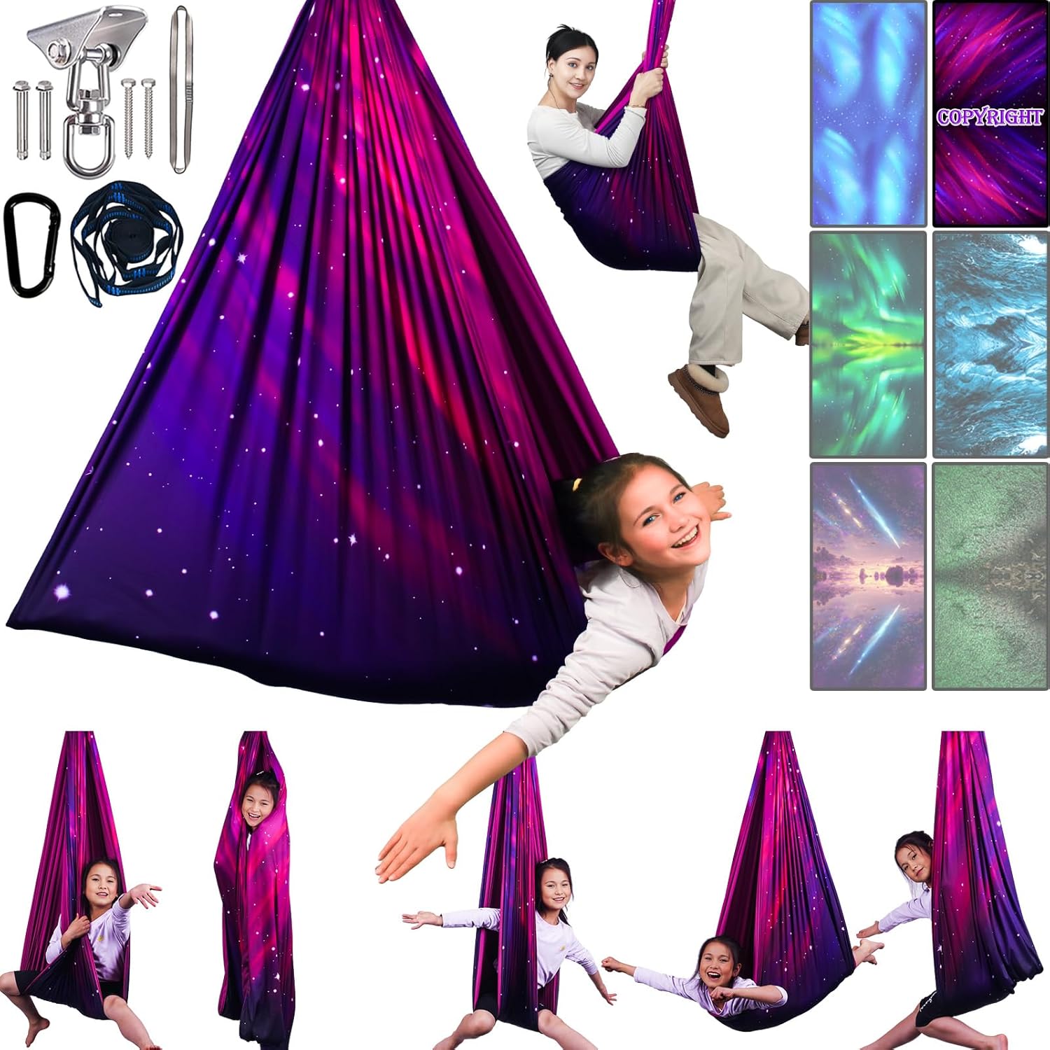 Sensory Swing for Kids & Adults Holds up to 300lbs Indoor & Outdoor Double Layer Therapy Cuddle Swing with 360° Swivel Hanger Kit for Calming, Effect for Autism, ADHD or SPD. (Galaxy Purple)