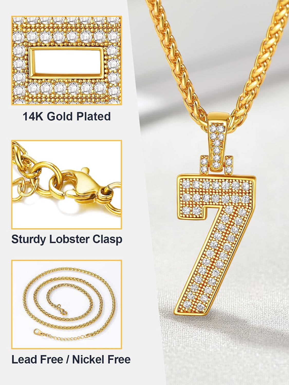 U7 Gold Initial Number Necklace for Men Women, 18K Gold/Silver Plated Diamond CZ Letter Pendant Necklace Big A-Z 0-9 Hip Hop Jersey, Customerized Letter Wheat Chain 22 Inch for Athletes Rappers