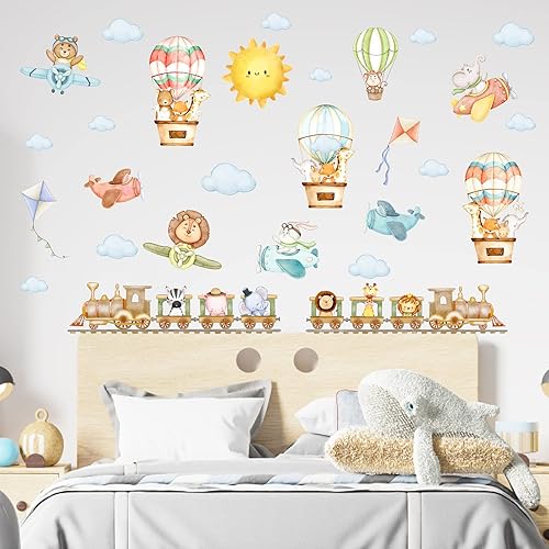 Miniatura 8 de Calcomanías de pared de animales de tren de dibujos animados, calcomanías de pared de animales de avión, calcomanías de globo aerostático, acuarela,