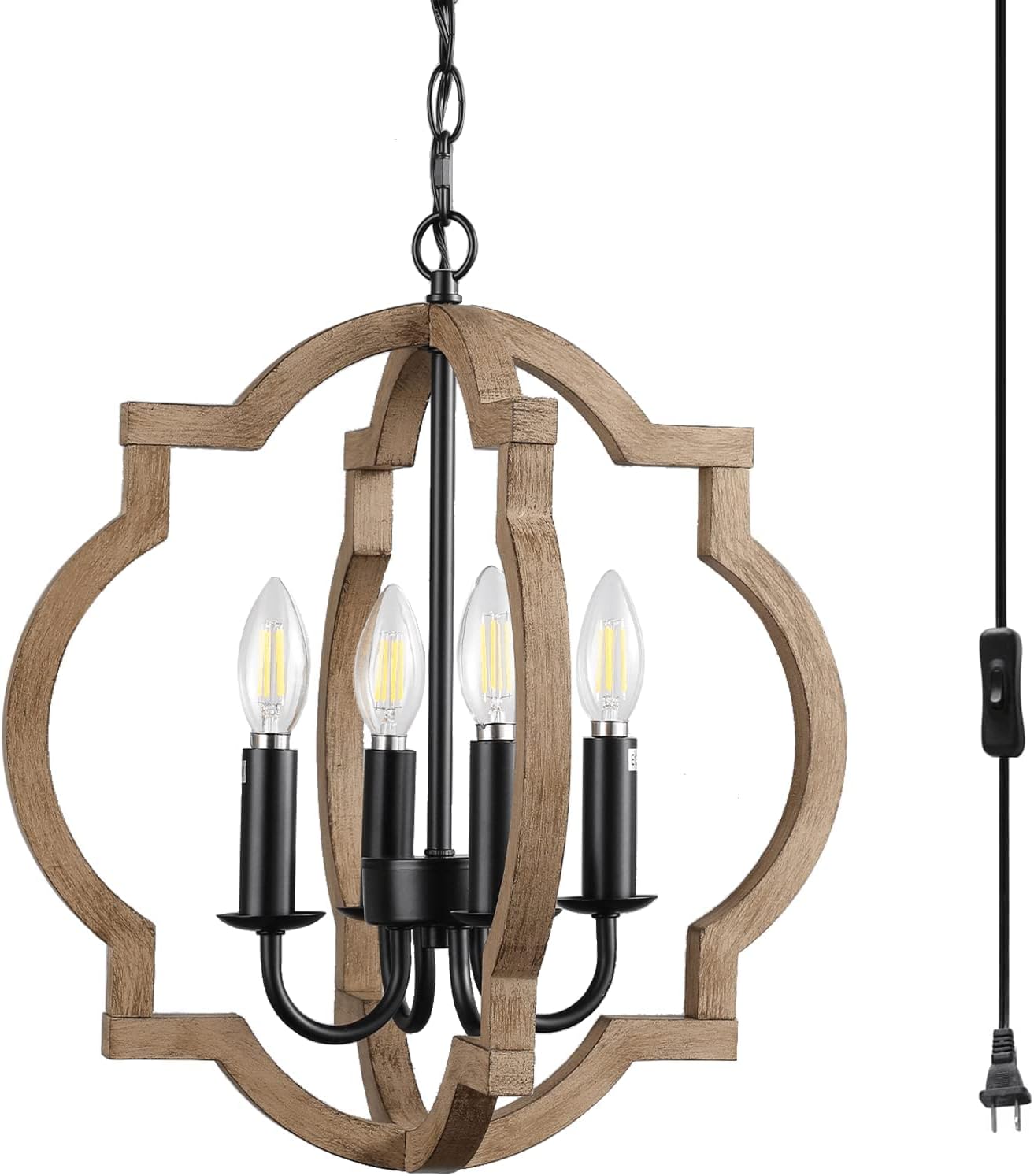 Plug in Chandelier with 16.4ft Cord,On/Off Switch,4-Light,Wood Color,Orb Wood Farmhouse Light fixtures,Outdoor Chandelier for Gazebo, Kitchen Island Dinning Foyer Entryway