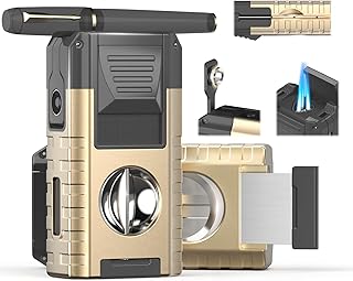Torch Lighter, 6-in-1 Torch Lighters with V & Straight Cutter, Built-in Punch, Holder, Draw Enhancer Tool, Windproof Triple Jet Flame, Refillable Butane Lighters, All-in-one Gifts Box for Men, Candles