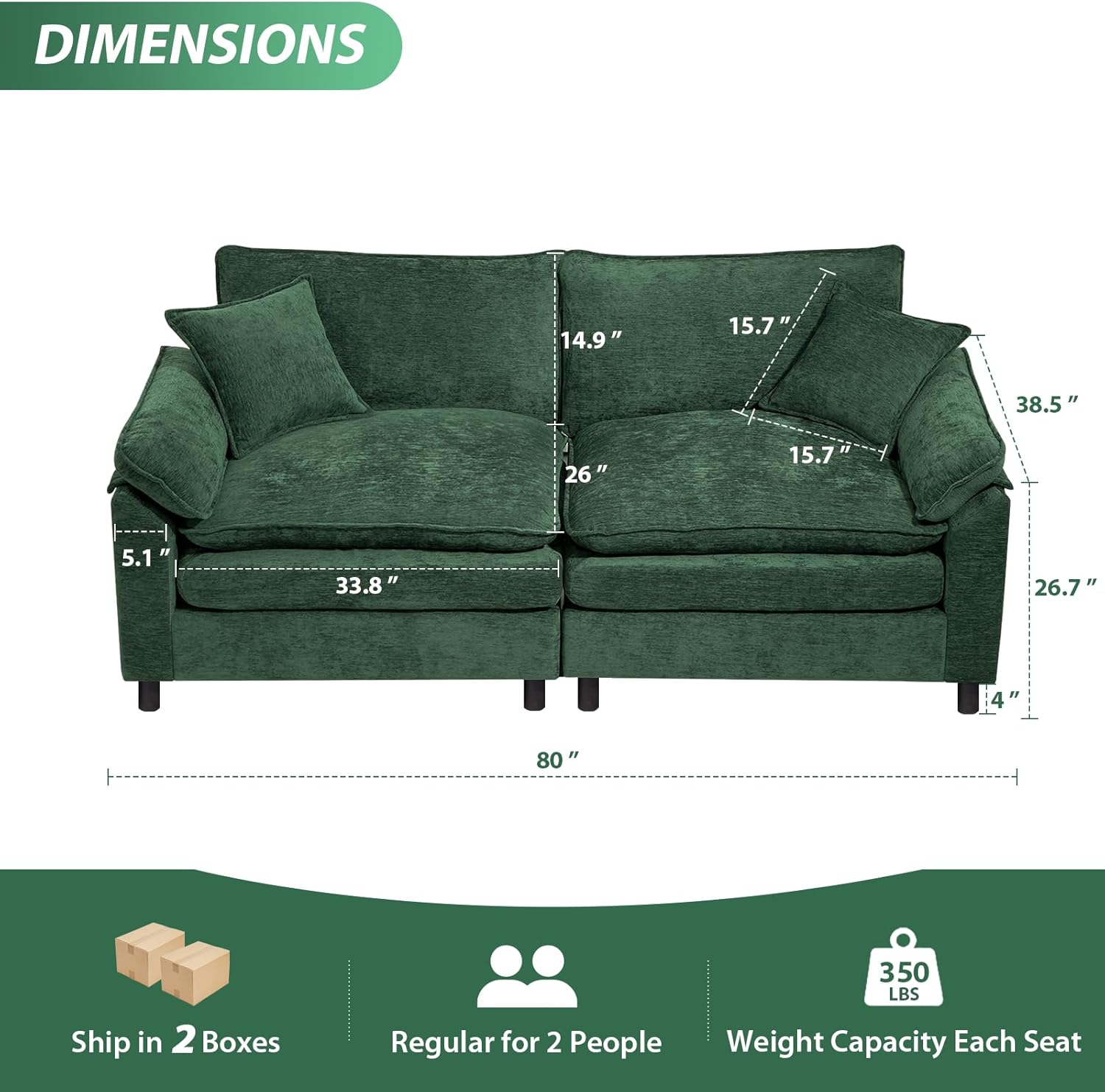 Oversized Modular Sectional Sofa, 80 Inch Cloud Couch Set, 2-Seat Comfy Convertible Sofa with Double Cushions, DIY Combination Sleeper Couch for Living Room(Chenille, Green)