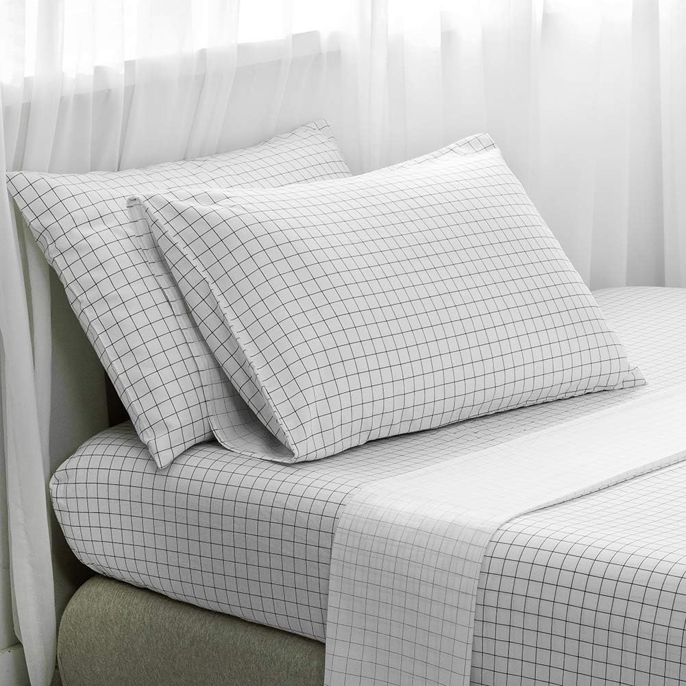 MoonxHome Egyptian Cotton Sheet Set Queen 4 Pieces, Checkered Bedding Sheet Set Ultra Soft Breathable, 16 Inch Deep Pocket Black Line on White