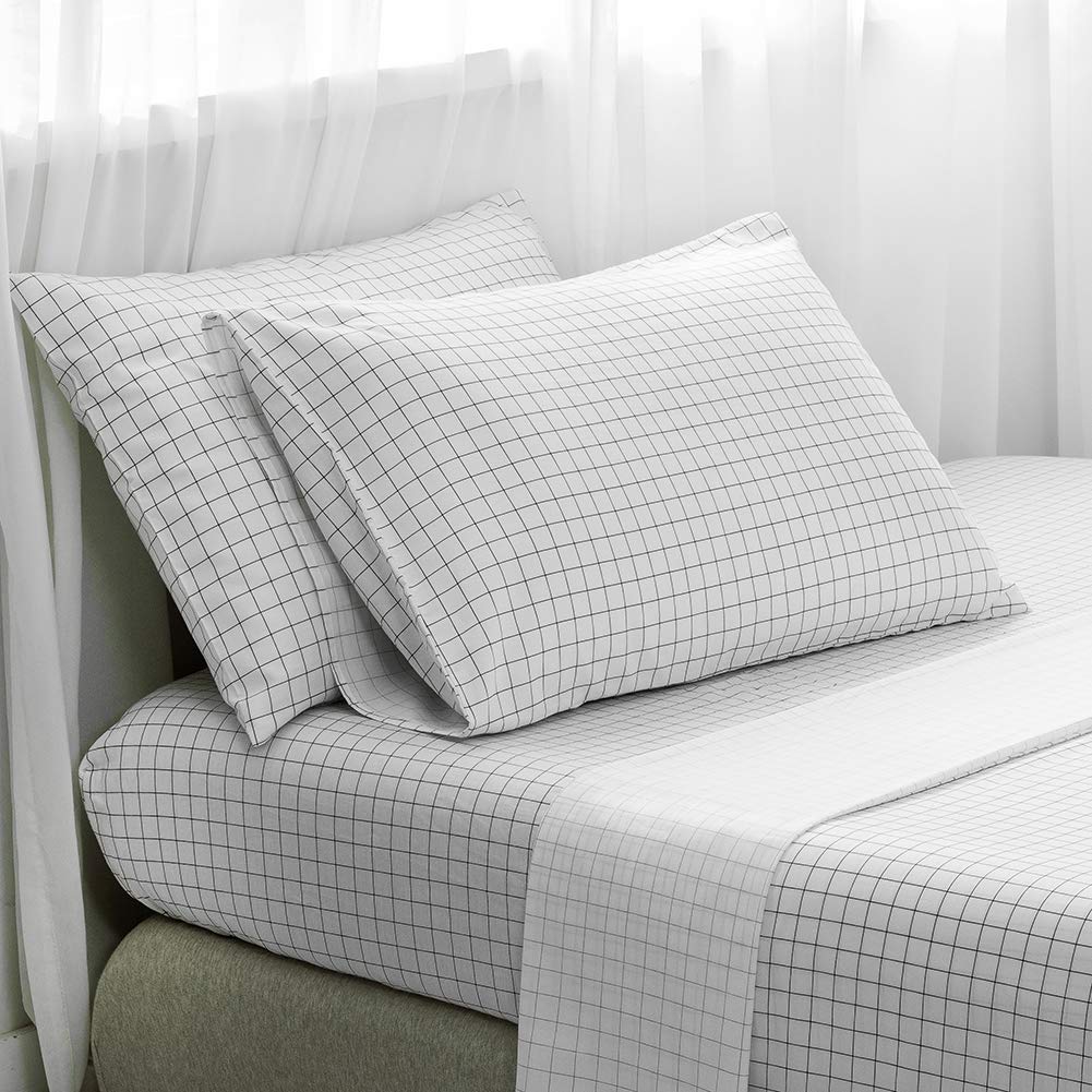 DuShow Floral Bed Sheet Set Queen 100% Cotton White Grid 4 Pieces Deep Pocket Printed-1 Flat Sheet, 1 Fitted Sheet,and 2 Pillow Cases