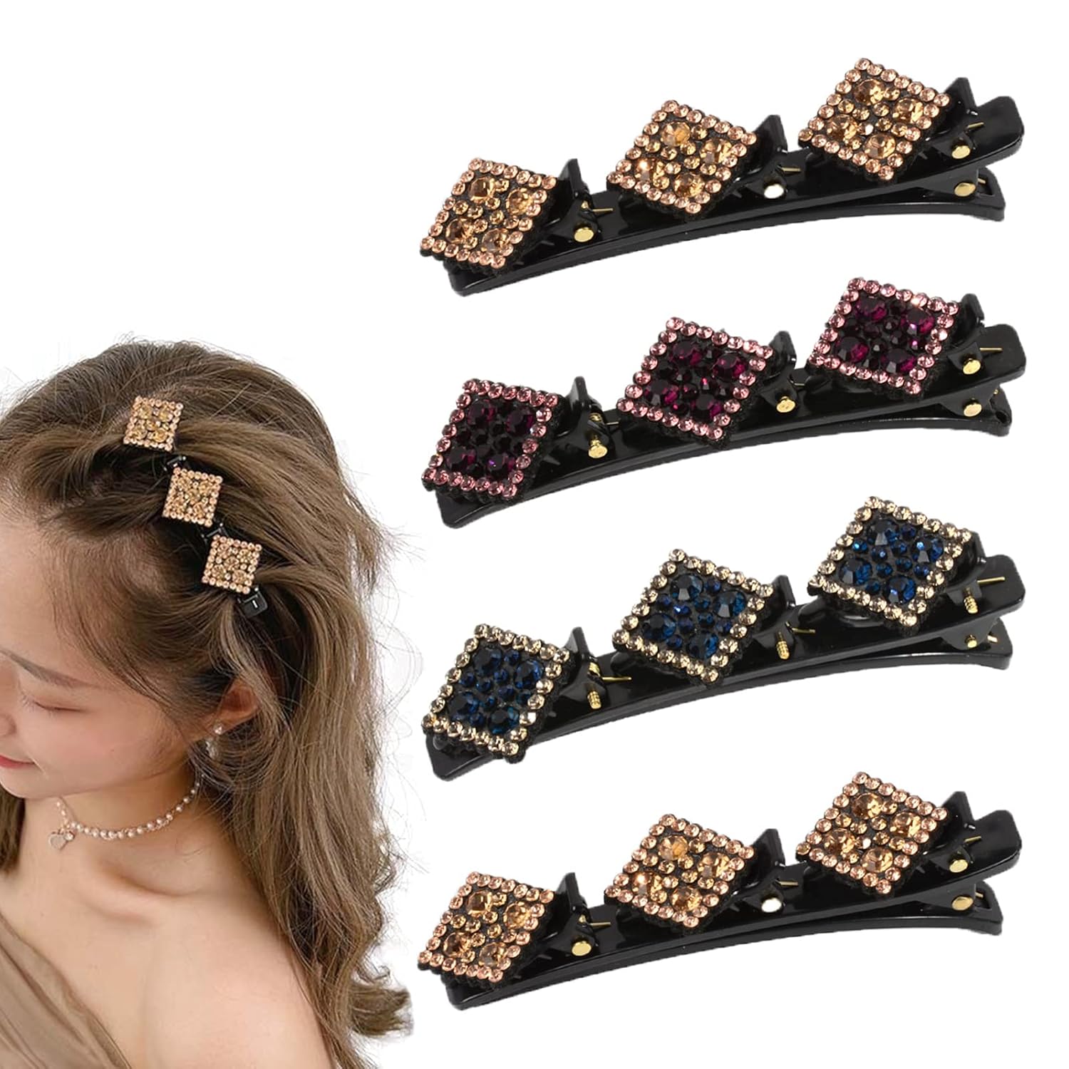 4Pcs Braided Hair Clips, Sparkly Crystal Stone Braided