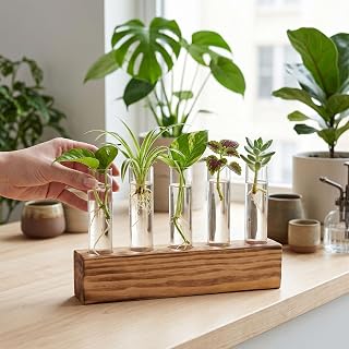 Asixxsix Plant Propagation Stations with Wooden Stand and, 6 Glass Test Tubes Vases, Plant Terrarium Plants Propagation Tubes, for Indoor Plants, Home Office Desk Decor, (with Brush)