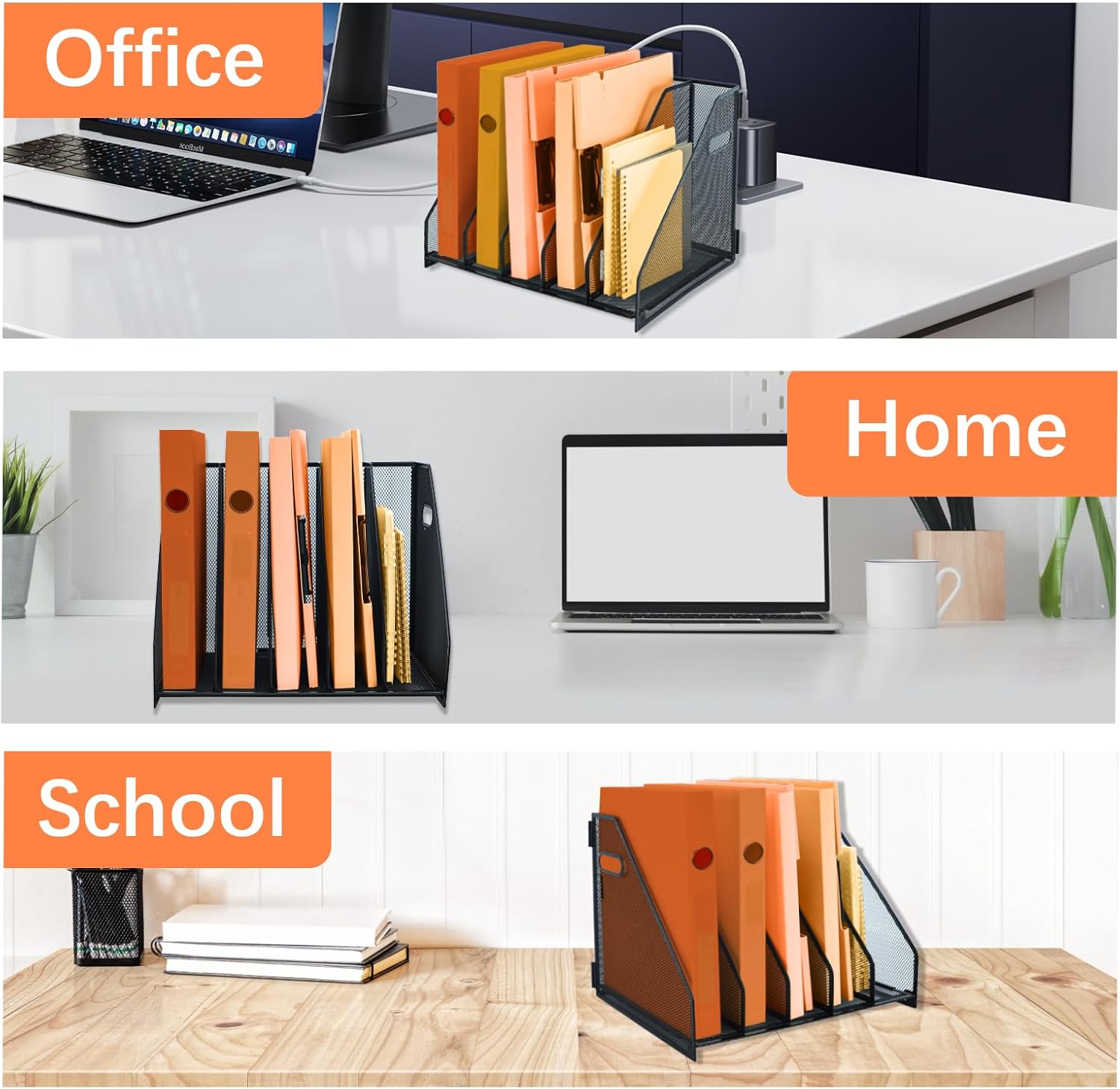Magazine file holder for desk with 5 Vertical Compartments Folder Storage Binder Organizer for Office Home School Organization, Black