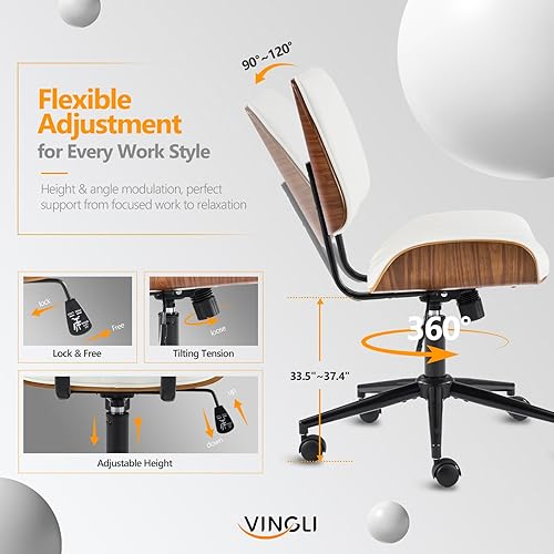 Miniatura 4 de VINGLI Silla de oficina en casa sin brazos y respaldo curvos anchos, silla de escritorio Ergoromic de altura ajustable, función giratoria e