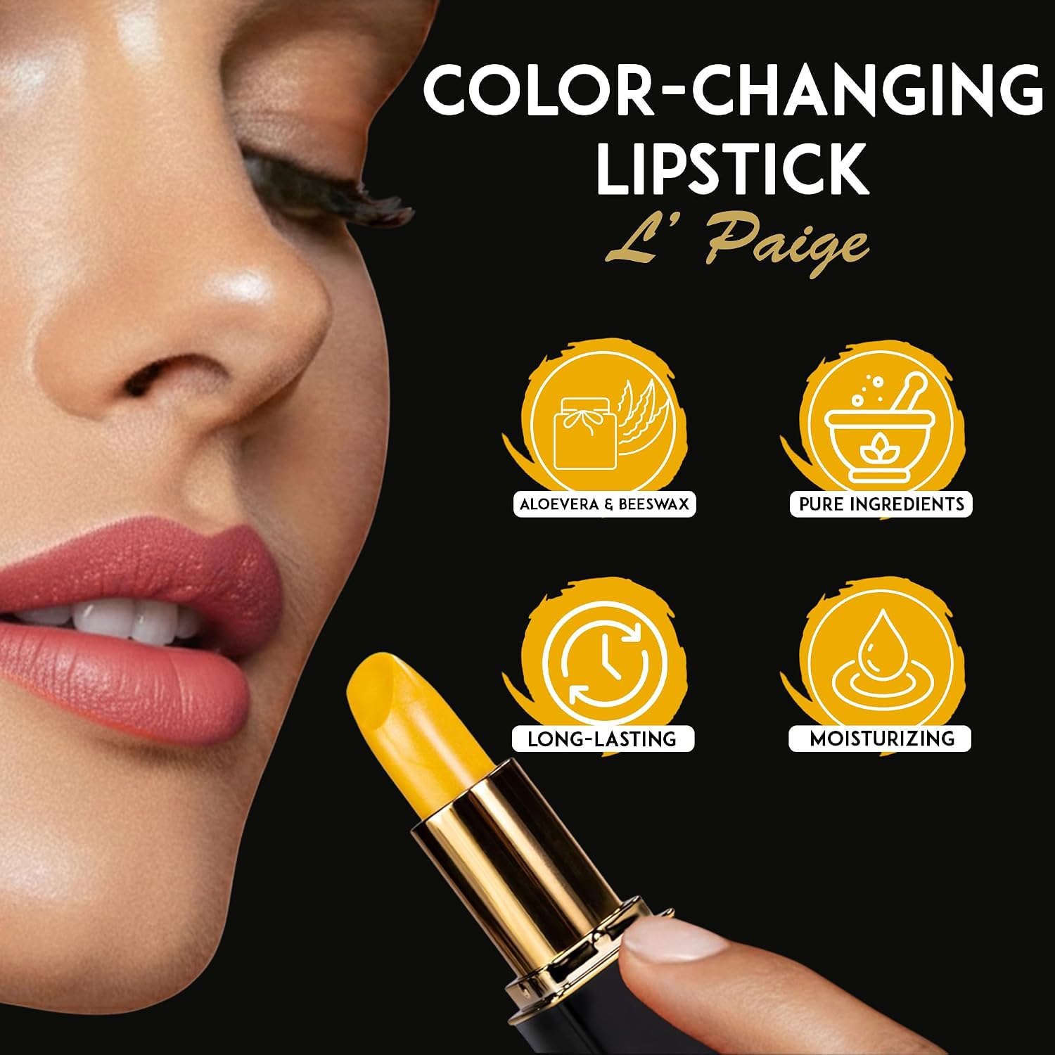 L'Paige pH Color-Changing Lipstick and Lip Stain – Yellow to Coral Pink Transformation, Temperature Sensitive Satin Finish, Aloe Vera Infused, Long-Lasting Moisturizing Hydrating Lip Color, Shade LYW