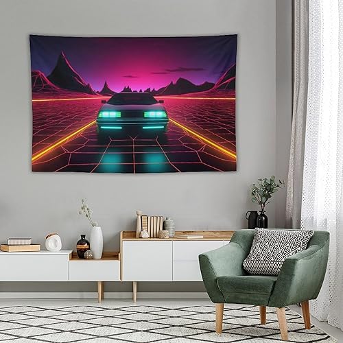 Miniatura 4 de QEOPGNE Large Tapestry Wall Hanging Decor Retro Neon Futuristic Car Sunset Synthwave Retrowave Large Tapestry Wall Decor for Bedroom Aesthetic