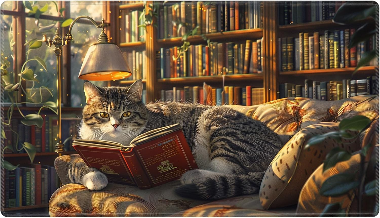 Playmat 24" x 14" Magic Compatible Lorcana TCG Cards Tabletop Play Mat, Gaming Desk Mat, Bookshelf, Plants and Cat