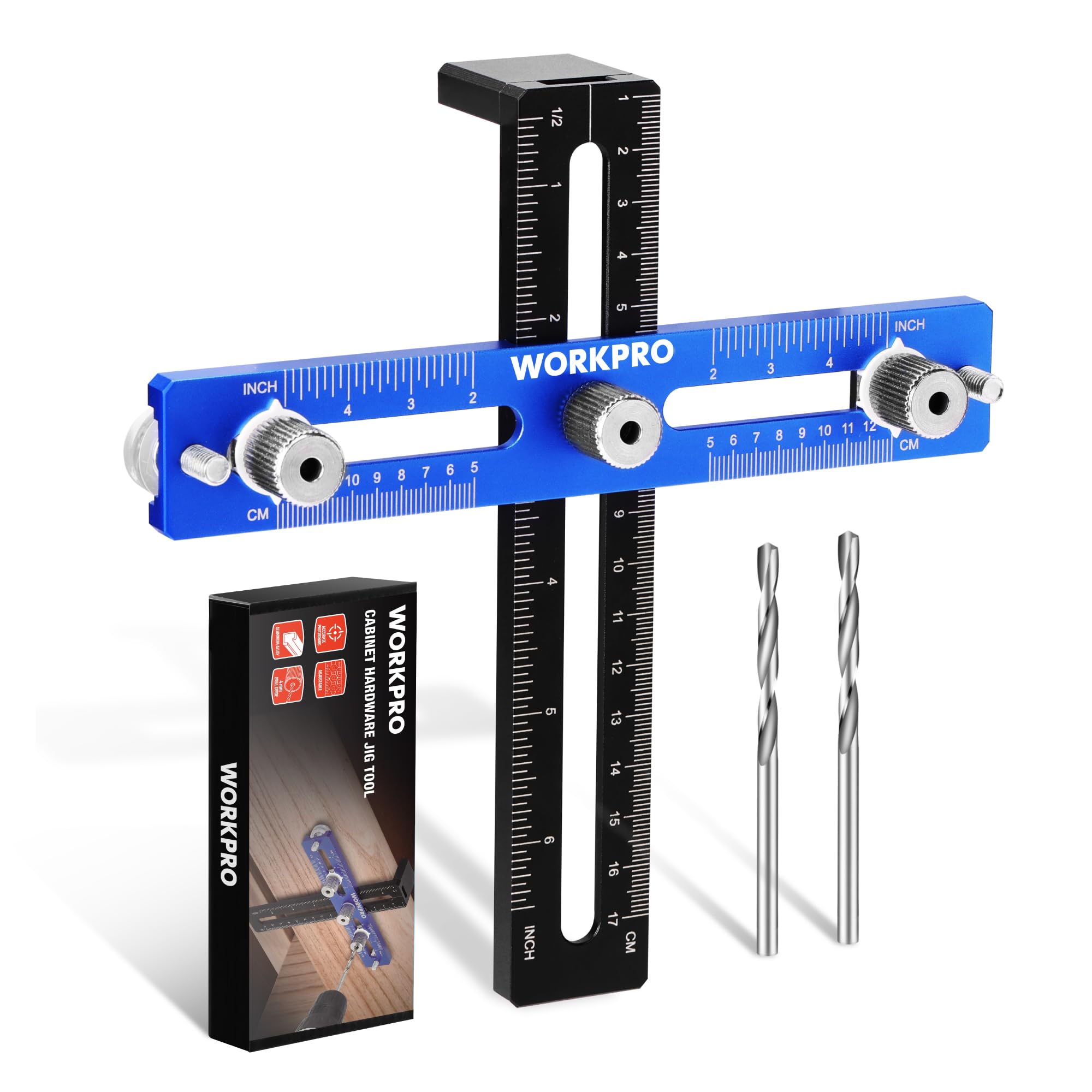 WORKPRO Cabinet Hardware Jig, Aluminum Alloy Cabinet Handle Jig with 4mm Drill Guide, Adjustable Cabinet Handle Template for Handles/Pull/Knobs on
