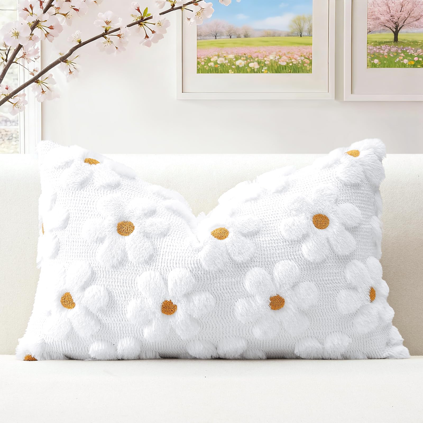Artscope Spring Summer Daisy Cushion Cover Set of 1 Flowers Throw Pillow Cover for Sofa 40x60cm Lumbar Seasonal Soft Plush Short Wool Velvet Cushion Case Holiday Decor White