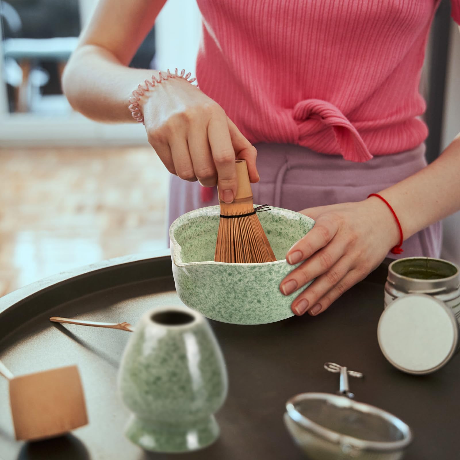 5 in 1 Set Accessori per Matcha Cerimonia Tè Giapponese con Ciotola Matcha, Frusta Matcha in Bambù Naturale, Paletta Bambù, Porta Frullino per Tè Cerimonia (Verde Intenso)