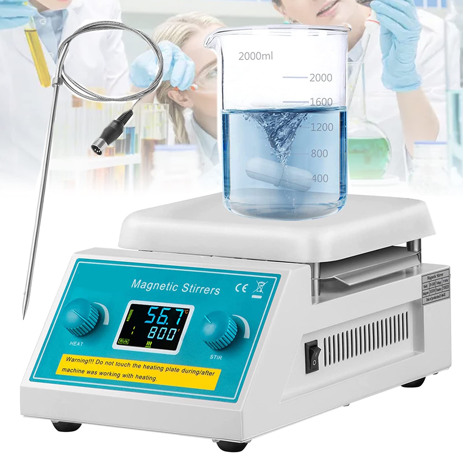 Agitatore magnetico da laboratorio da 2 litri, miscelatore magnetico digitale con sensore con barra di agitazione, agitatore magnetico digitale con piastra riscaldante con display a LED, agitatore m