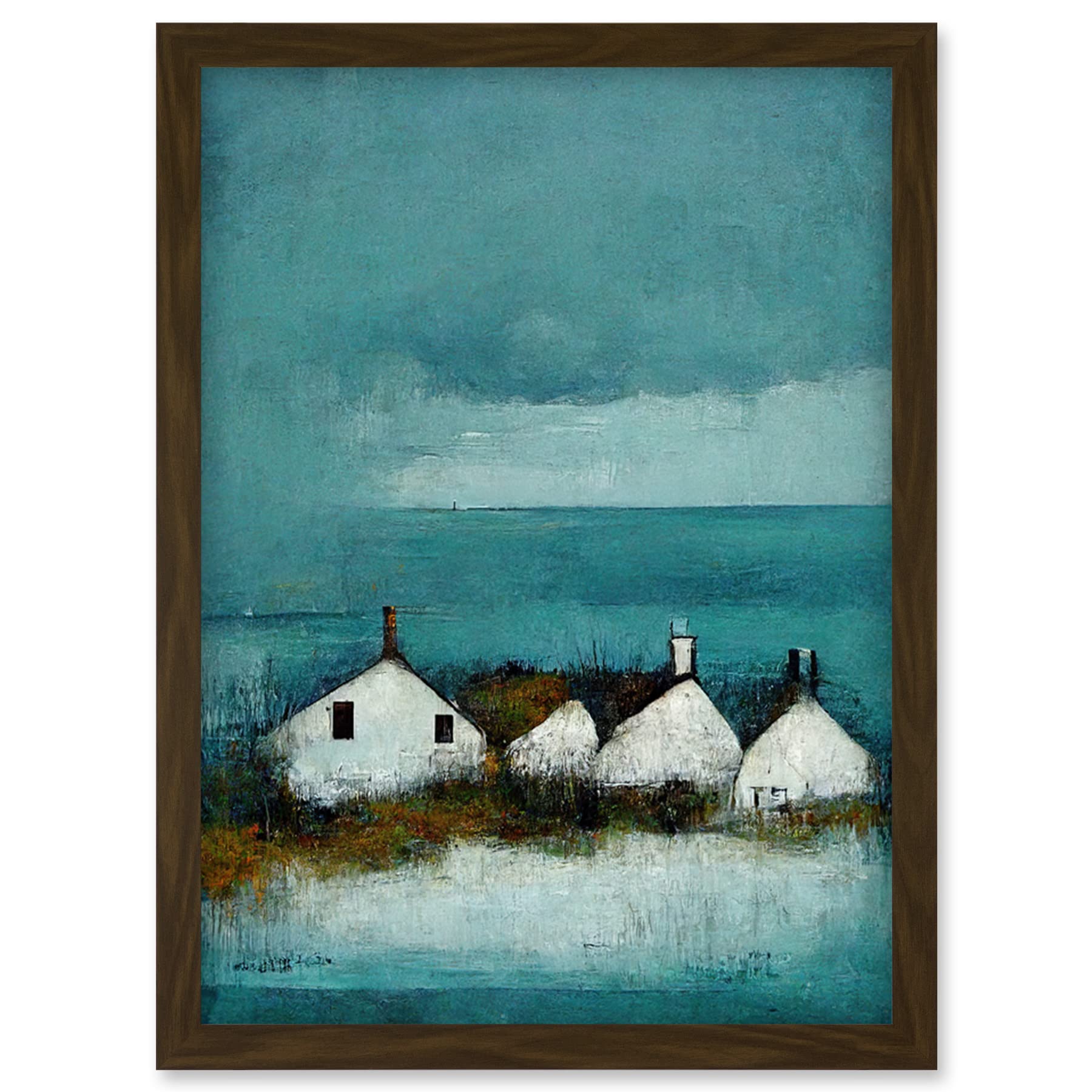 Artery8 Scottish Seascape White Cottages Teal Framed Wall Art Print A4